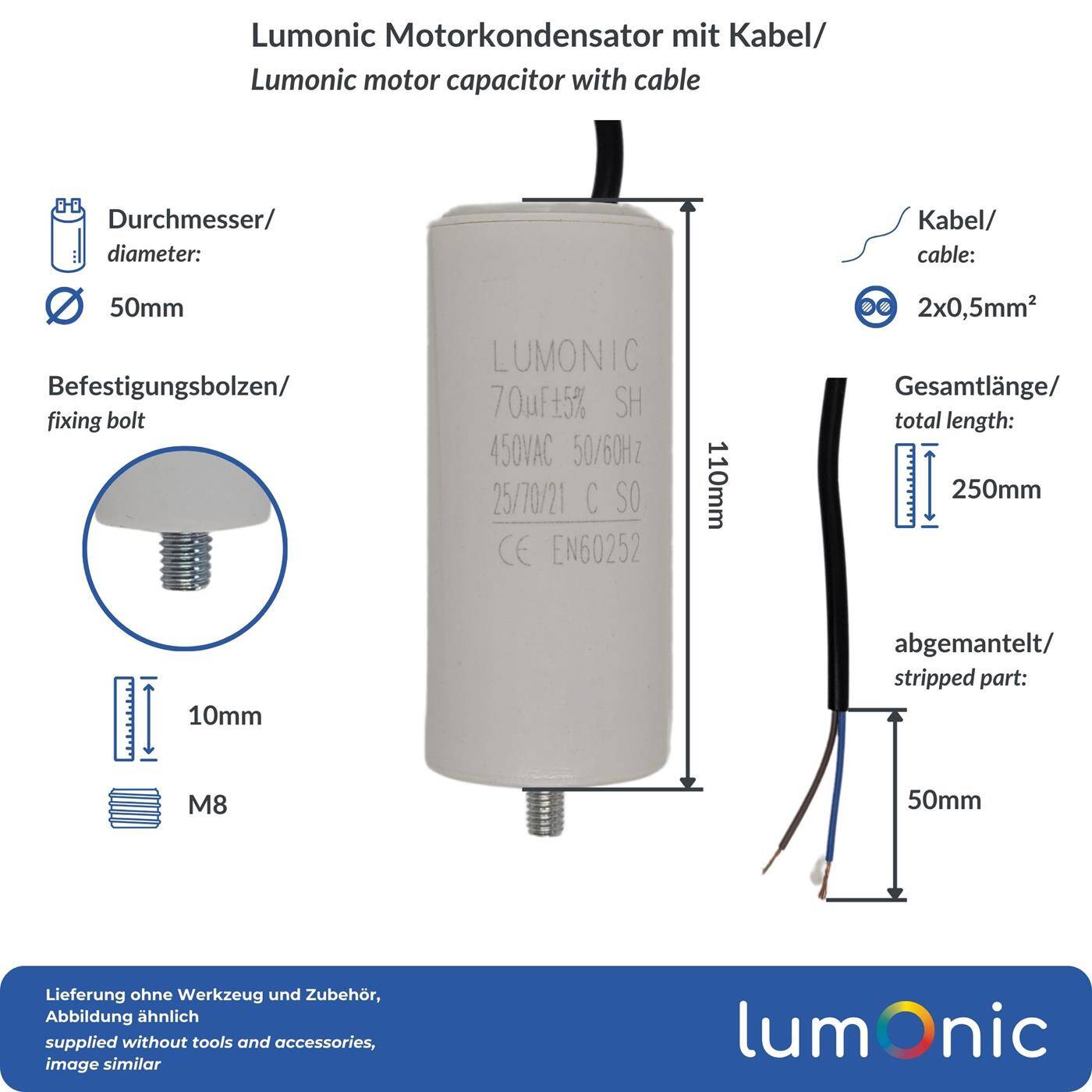 Lumonic Anlaufkondensator 70µF 450V | mit Kabel I 50x110mm I 70uF I Motorkondensator mit Kunststoffgehäuse I Betriebskondensator I für Pumpen, Rasenmäher, Werkzeuge