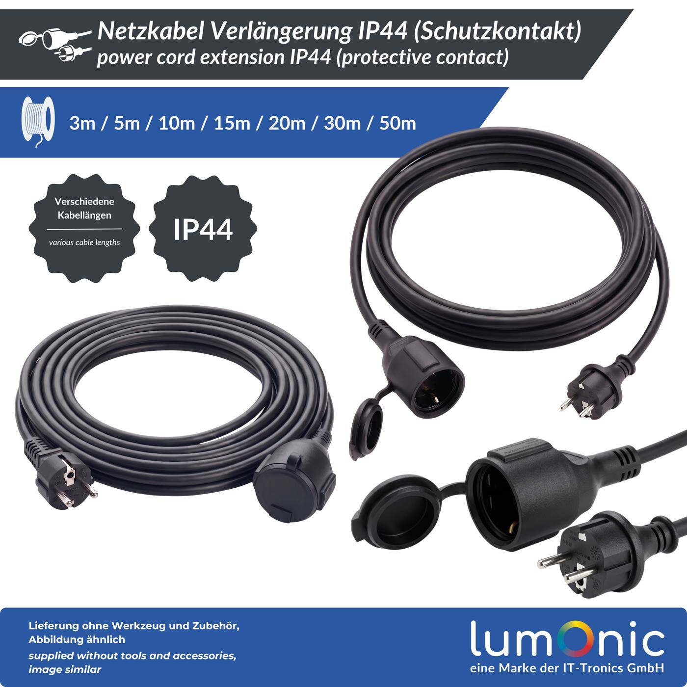 Lumonic Schuko Verlängerungskabel IP44 Gummi, Schwarz 50 m, 230 V - Flexibler Gummimantel, für Garten und Werkstatt, spritzwassergeschützt nach IP44, Buchse mit Schutzkappe und Kindersicherung