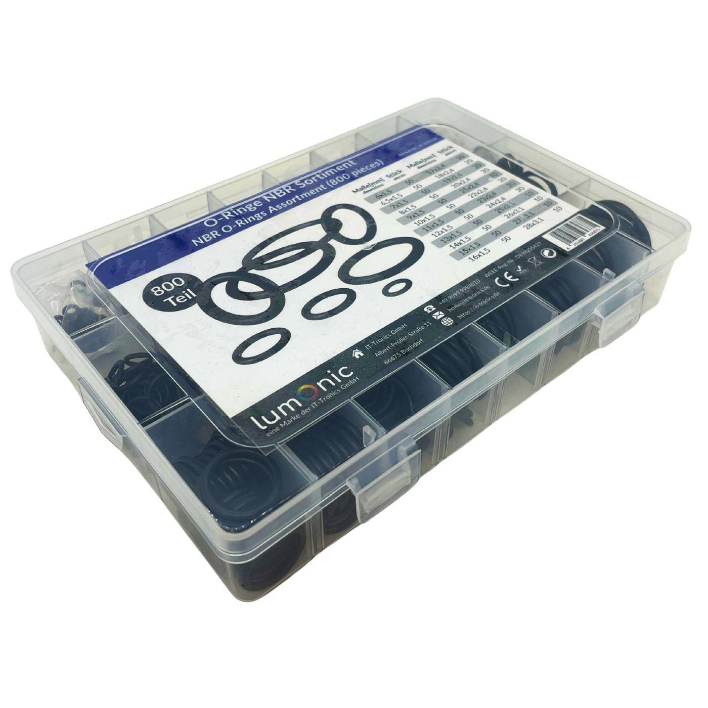 O-ring range NBR, 800 parts, 24 common sizes (6-28mm), -40°C to +120°C, Nitrile sealing rings set, in practical assortment box