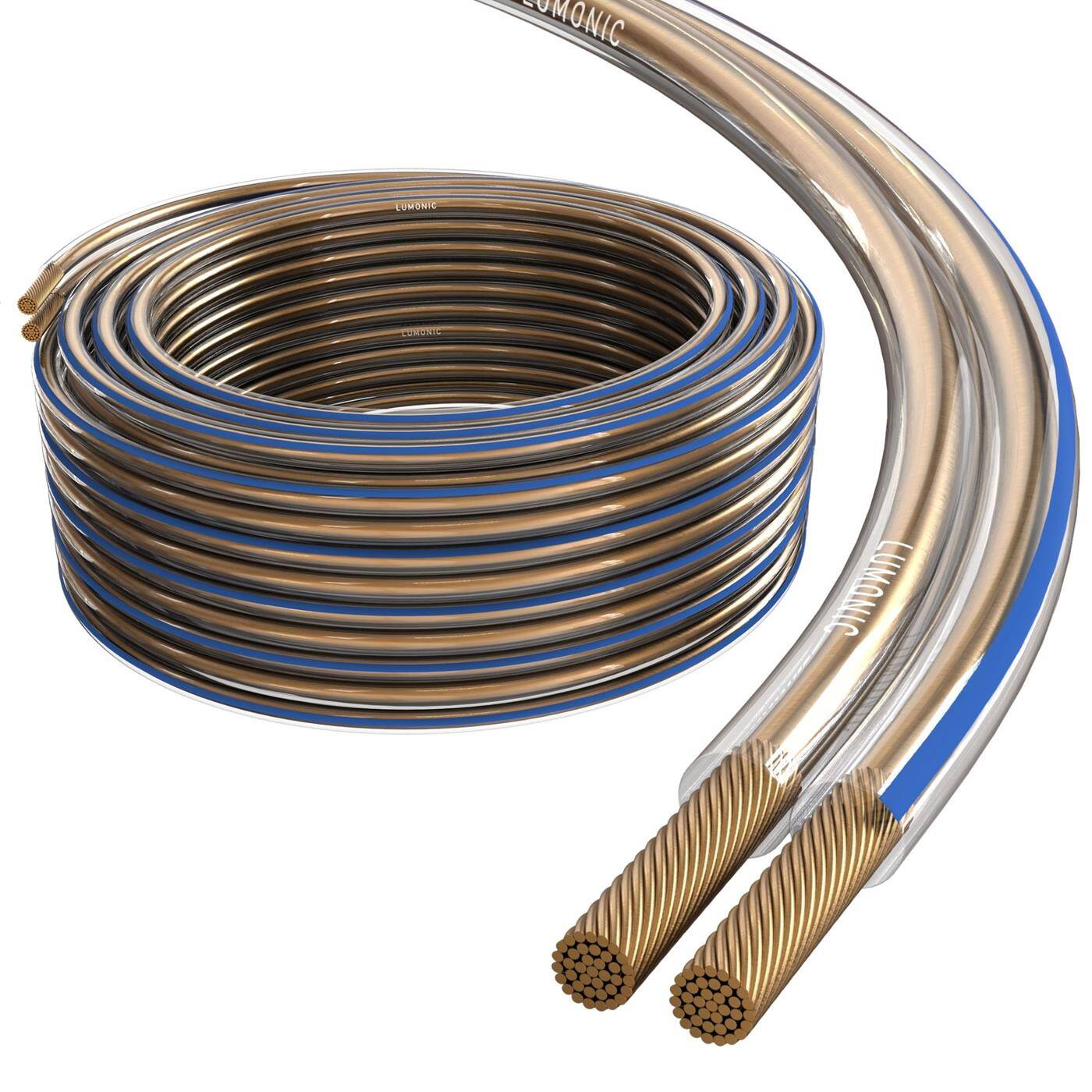 Lumonic Speaker cables | 10m Transparent | 2x 2,5mm² CCA | Blue marking HiFi speaker cable | Audio twin line