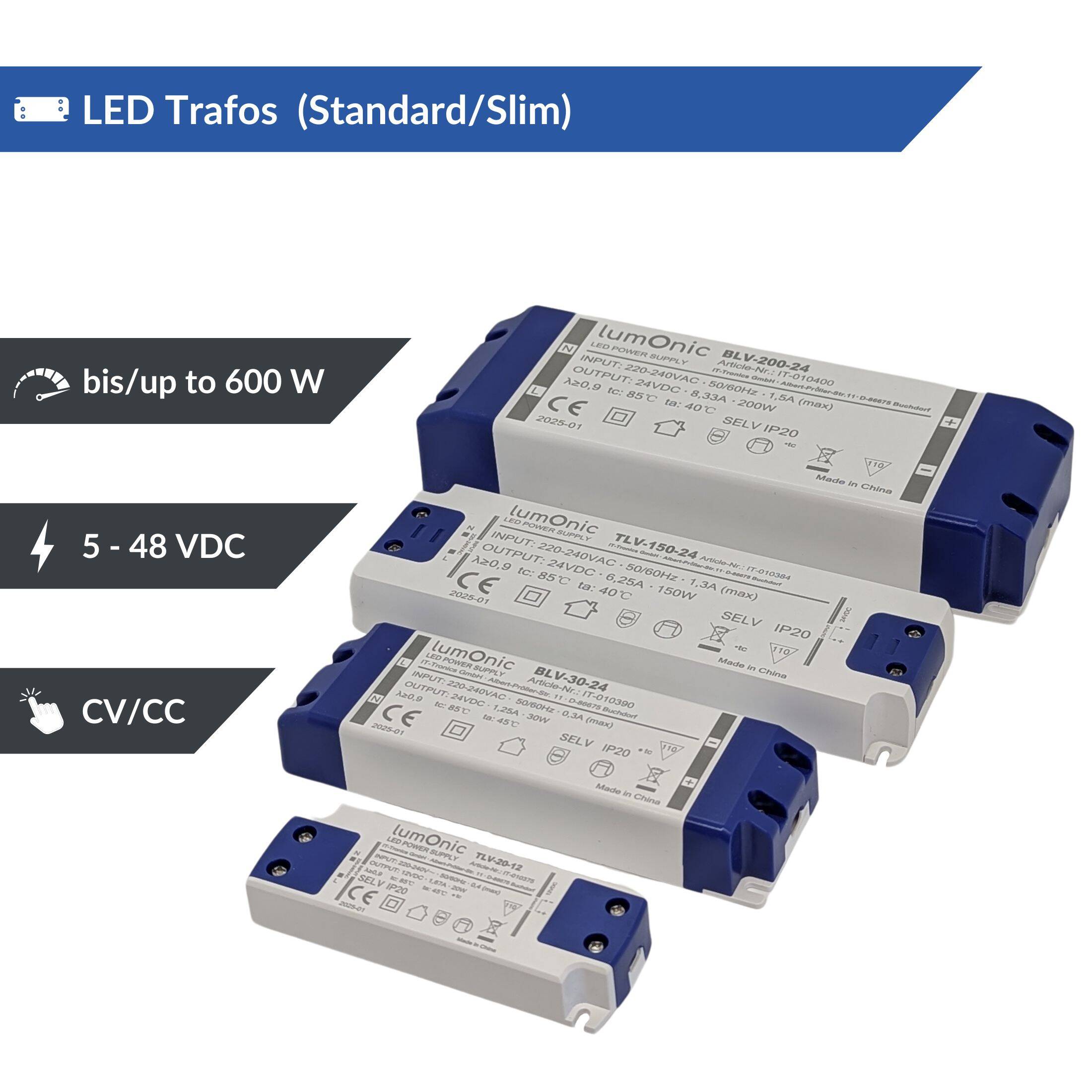 Zeigt vier Lumonic LED Trafos, welche aufgereiht liegen.