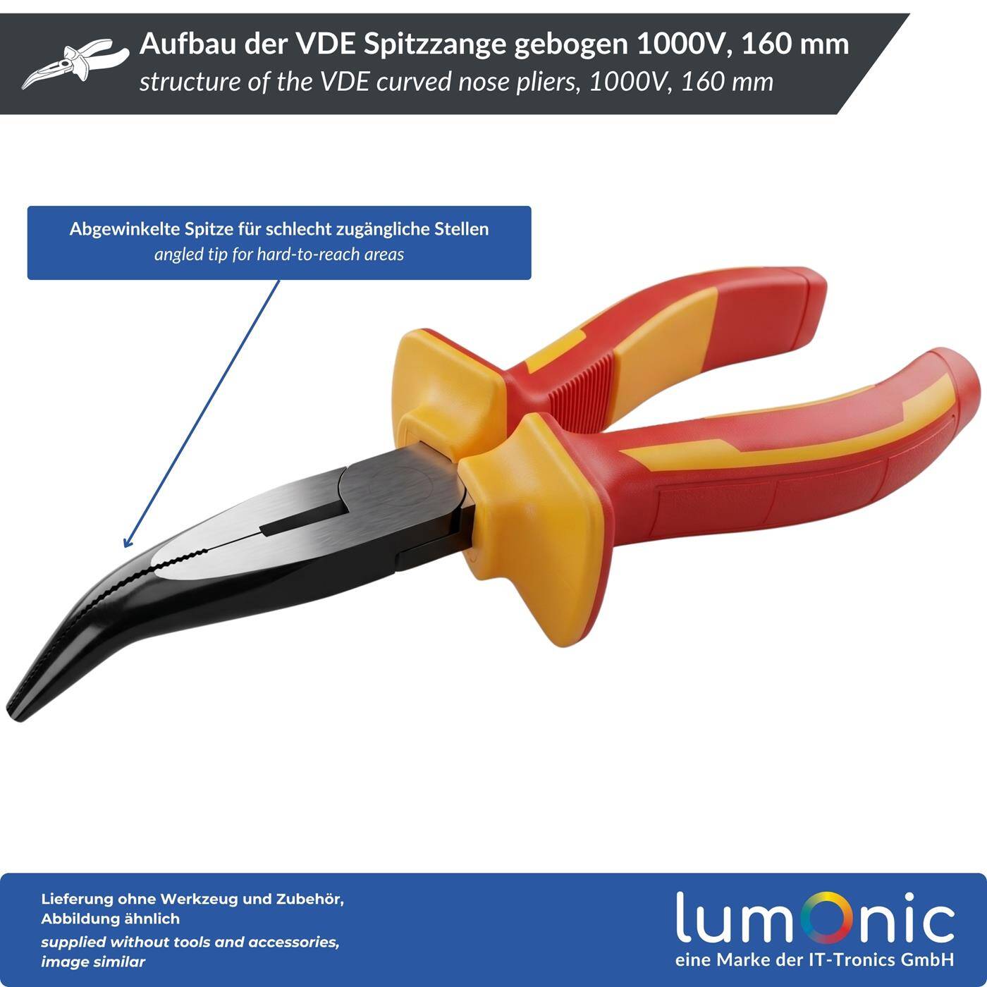 Lumonic VDE Curved Nose Pliers, 1000 V, 160 mm — Angled tips for tight spaces, 60CrV steel, two-component handle, for distribution panels and control cabinets
