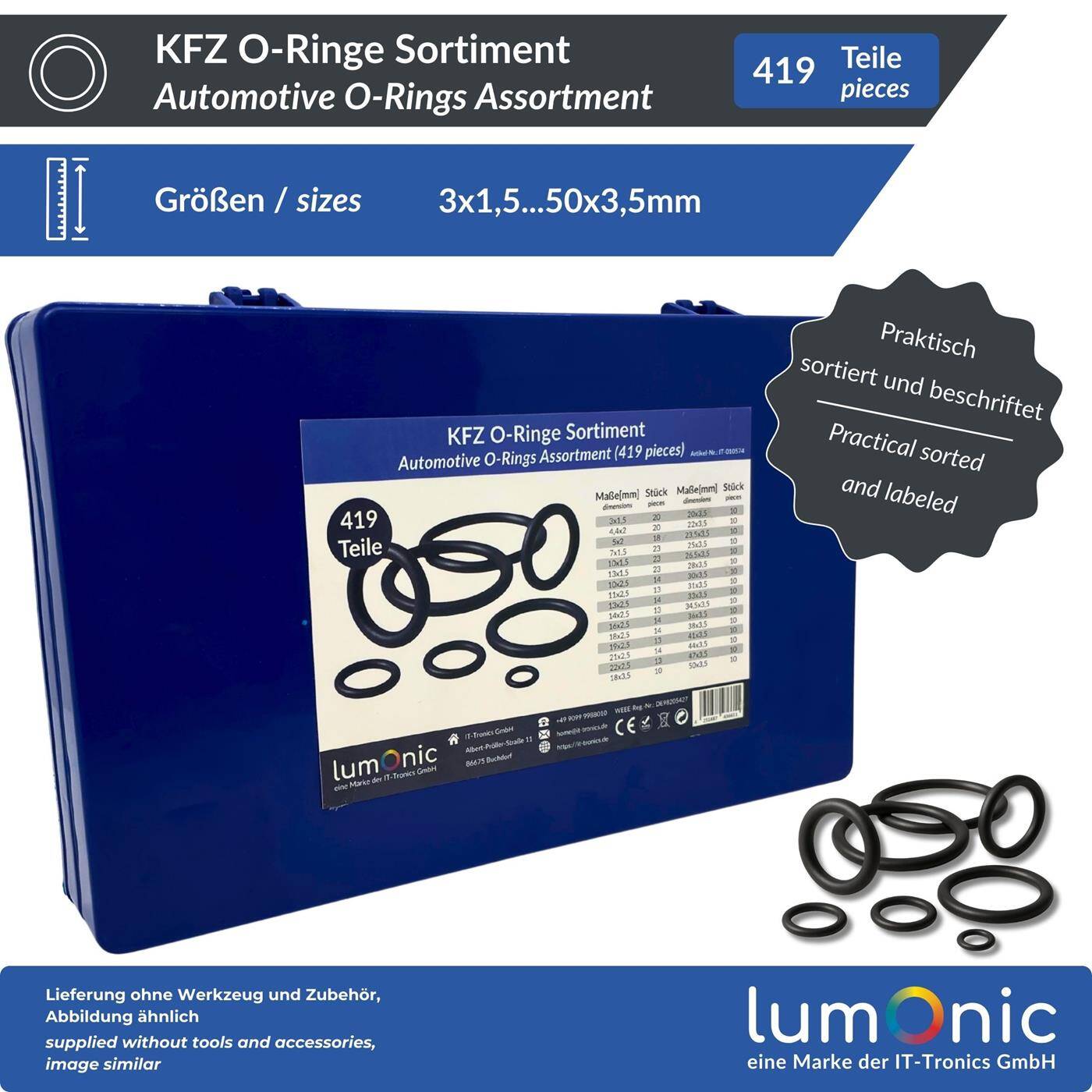 KFZ O-Ring Sortiment NBR, 419 Teile, 30 Größen (3-50mm), typische Größen für KFZ, Nitril Dichtungsringe Automotive, in praktischer Sortimentsbox