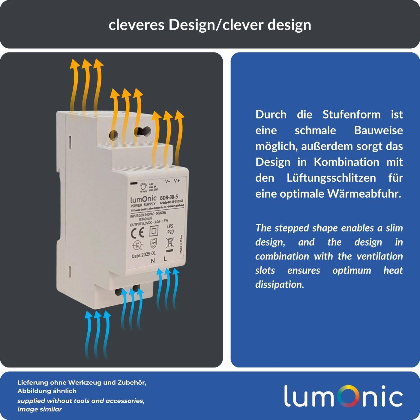 Lumonic I Netzteil Hutschiene BDR-30-5 I 5V / 15W I Input 100-240VAC I Überlastschutz & kurzschlussfest I DIN-Rail Schaltnetzteil I Schaltschrank & Verteilerkasten