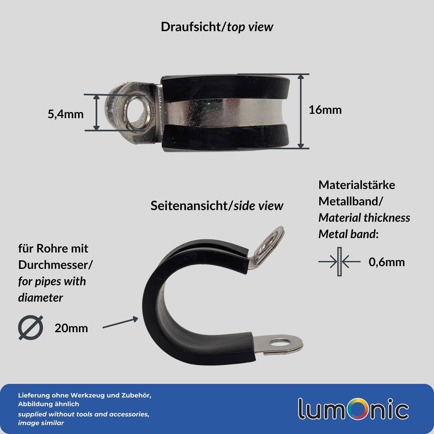 5x P-Clip Leitungsschelle Edelstahl V2A mit Gummi 20mm Rohrschelle Befestigungsschelle