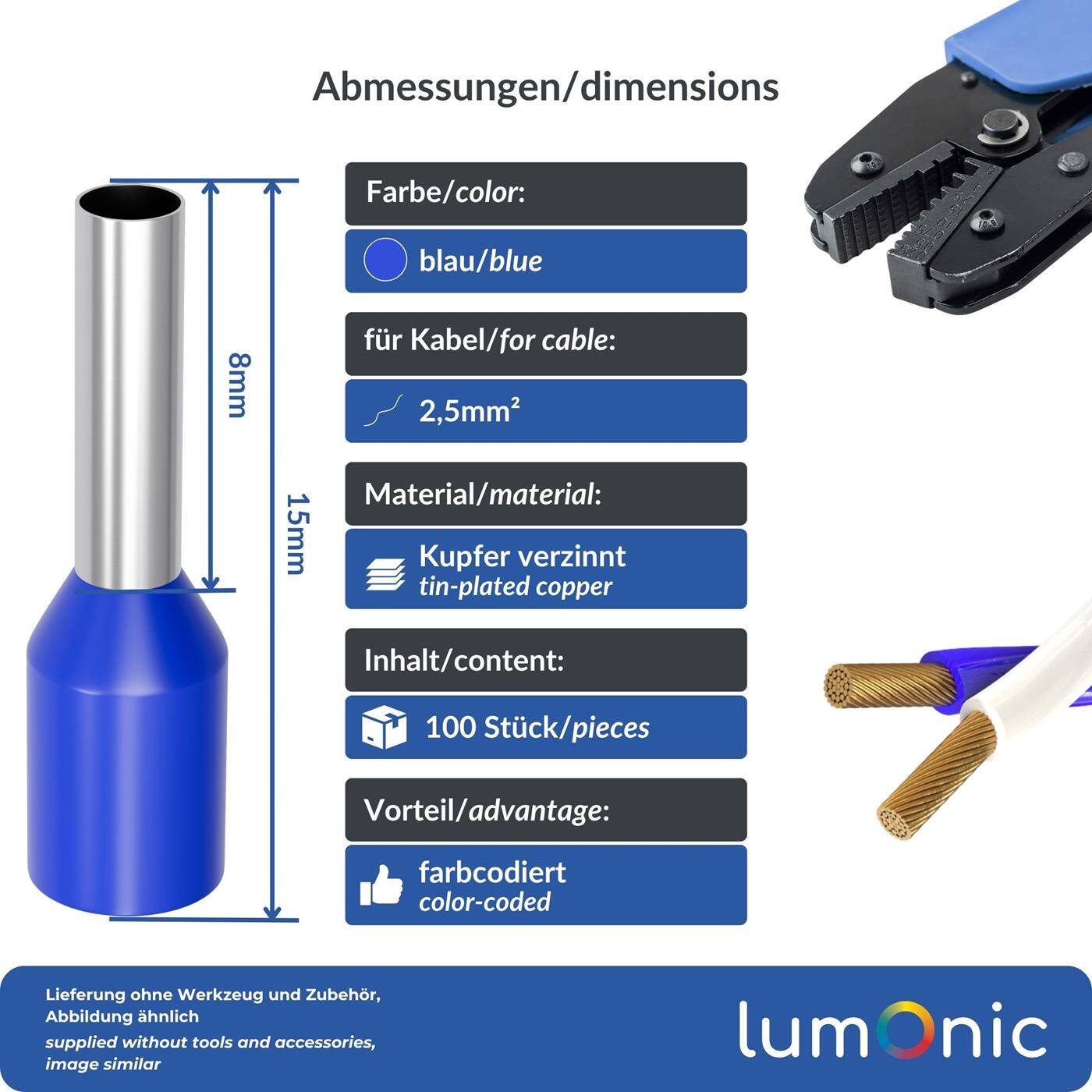 100x Aderendhülse isoliert 2,5mm² Blau Kupfer verzinnt 2,2x8mm Hülse