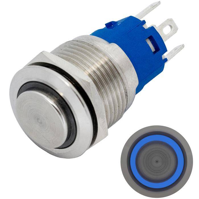 Stainless steel Pressure switch raised Ø19mm Ring LED Blue IP65 2,8x0,5mm Pins 250V 3A Vandal-proof