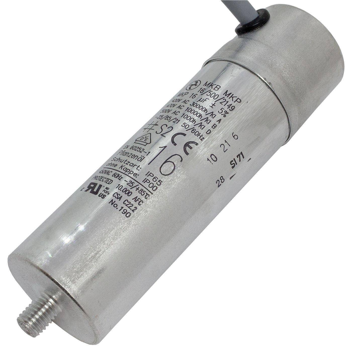 Lumonic Anlaufkondensator Hydra MKP-500 16-C inkl. Kabel 40cm | Motorkondensator 16µF 470V 35x120mm I Kondensator mit hochwertigem Metallgehäuse