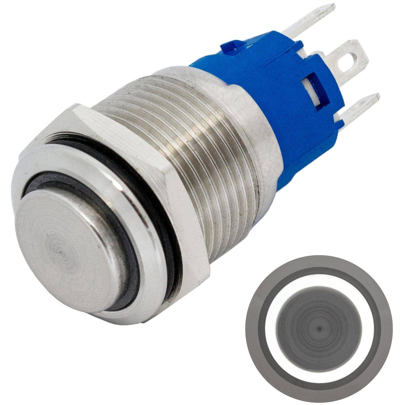 Lumonic Edelstahl Drucktaster erhaben 16mm Durchmesser I Mit einer Ring LED in Kalt-Weiß Maße: 2,8x0,5mm Pin s 250V 3A I Vandalismussicher nach dem IP65 Standard