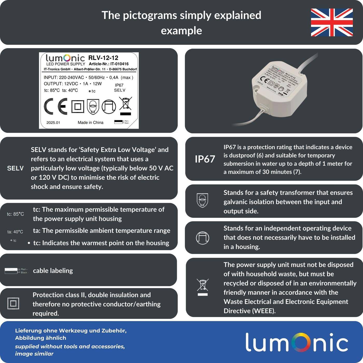 Lumonic I LED flush-mounted power supply unit RLV-12-24 I 24V 12W I Input 220-230VAC I flicker-free I Overload protection I Compact LED power supply unit I for LED lighting | Doorbell
