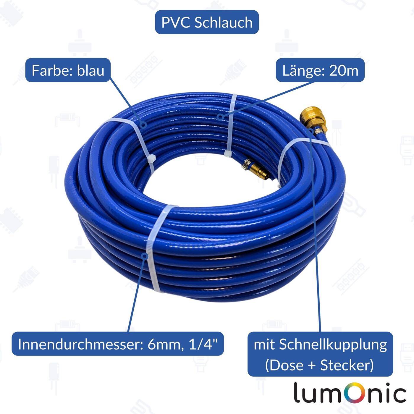 20m Druckluftschlauch mit Schnellkupplung 6mm PVC Druckluftverlängerung Dose & Stecker fertig konfektioniert flexibel, abriebfest und gewebeverstärkt 20m Druckluftschlauch mit Schnellkupplung 6mm PVC Druckluftverlängerung Dose & Stecker fertig konfektioniert flexibel, abriebfest und gewebeverstärkt