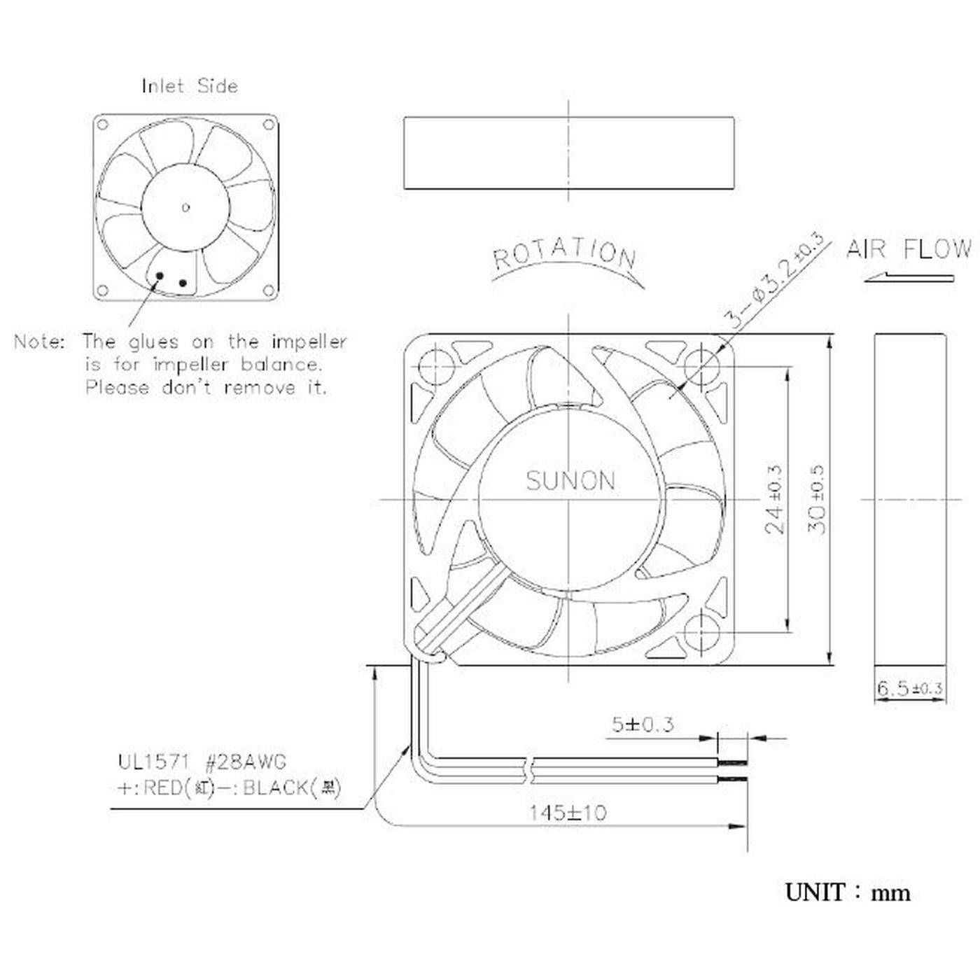 Fan 5V DC 0,36W 30x30x6mm 6,3m³/h 7100U/Min 6,3m³/h Sunon MF30060V21000UA99
