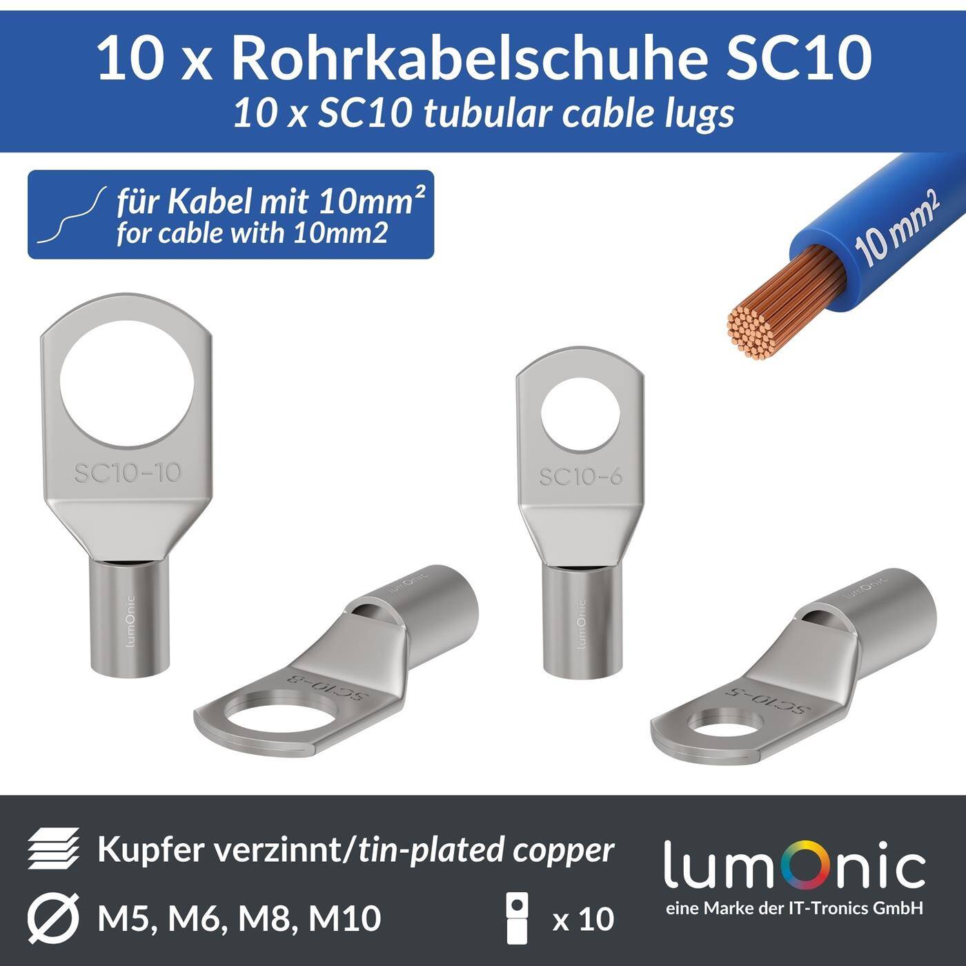Lumonic 10x Rohrkabelschuh 10mm² blank | M5 | Kupfer verzinnt | Kabelverbindung ohne Löten | SC10-5, Set mit 10 Stück Crimp-Kabelschuh, Quetschverbinder | KFZ, Maschinenbau, Wohnmobil, Batterie