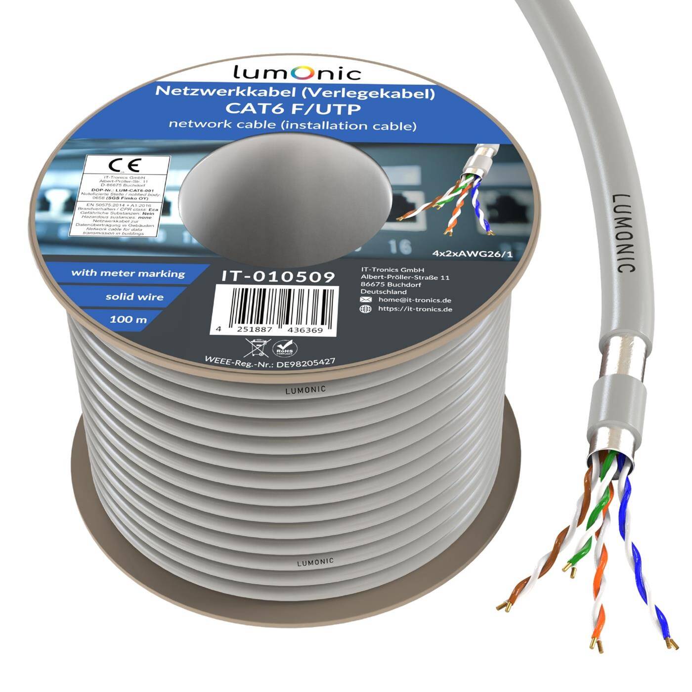 Lumonic LAN Netzwerkkabel 100m | LAN Kabel CAT6 F/UTP | Verlegekabel 4x 2x AWG26/1 (starr) | 250MHz 10 Gbit/s Ethernet