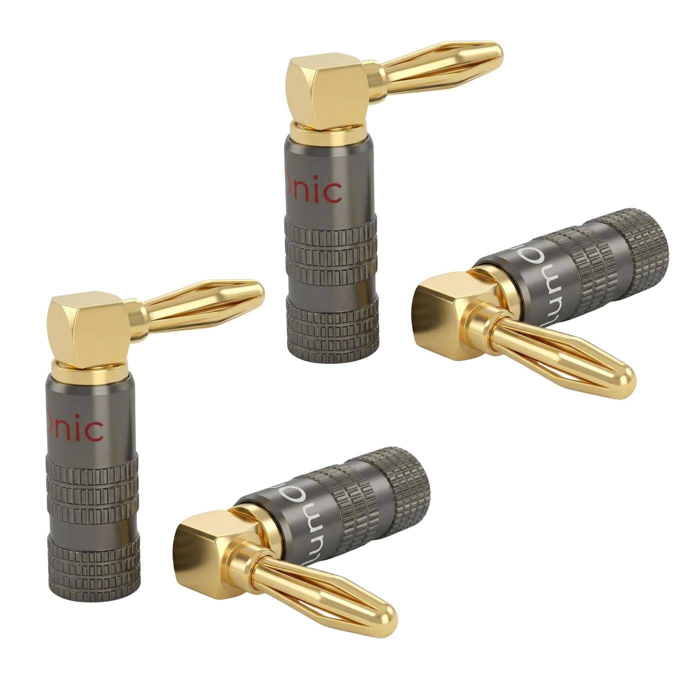 Set of 4 HiFi banana plugs gray, angled, screwable, gold-plated 4mm contacts, for 0.75mm²...4.0mm², Metal housing, for amplifier, loudspeaker, surround system