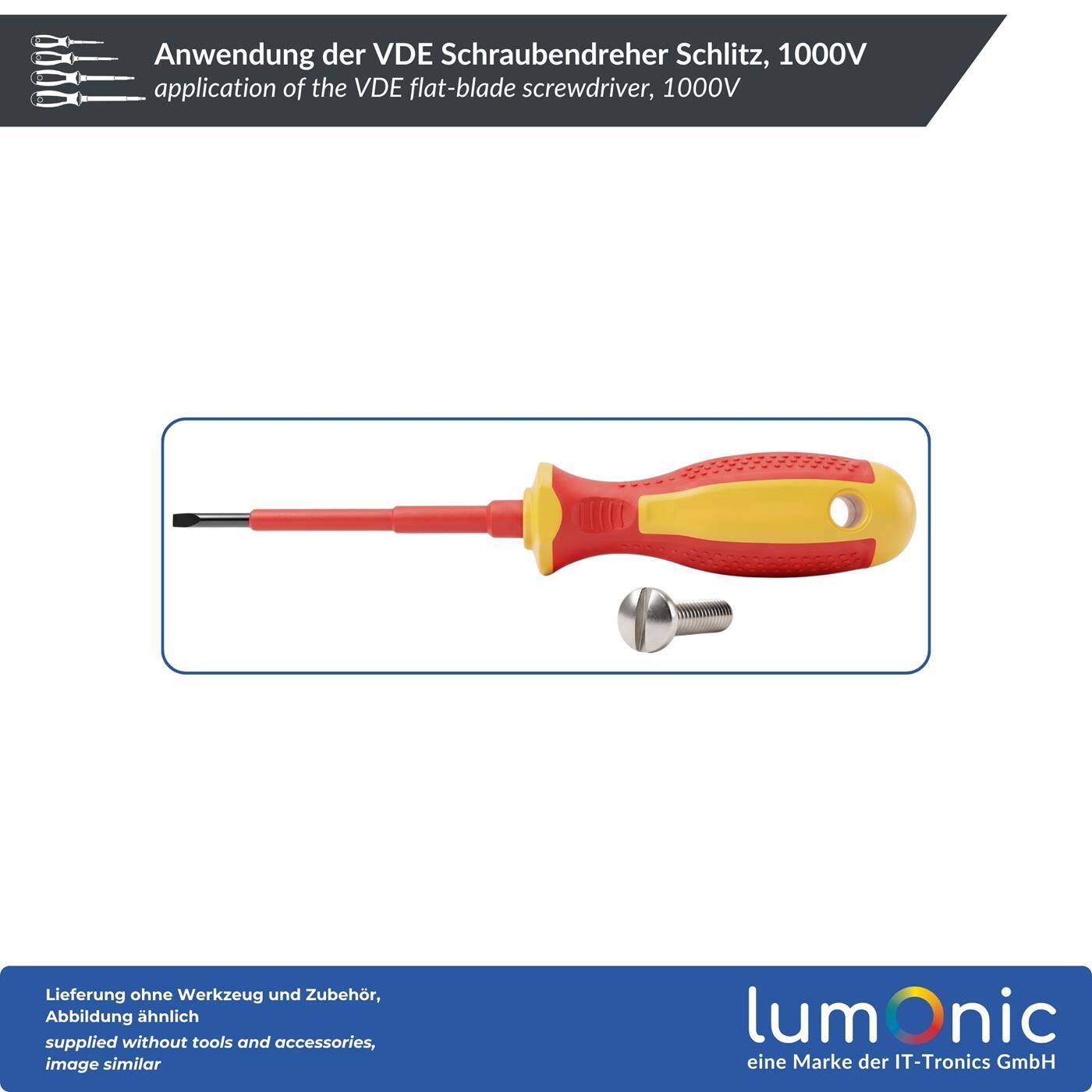 Lumonic VDE Flat-Blade Screwdriver, 3.0 x 75 mm, 1000 V - S2 steel, blued, magnetic tip, two-component handle, for terminals, switches, and control cabinets