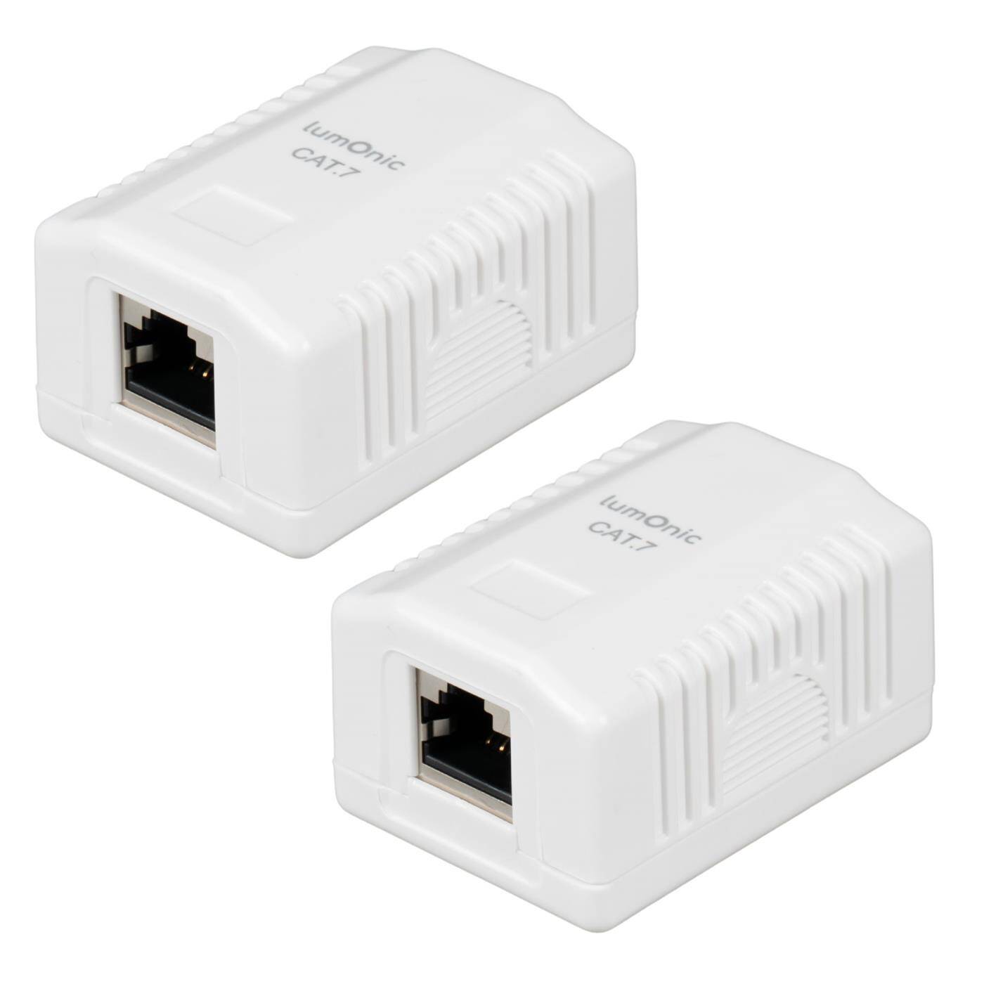 2er Set Netzwerkdose Aufputz CAT7, 1-Port RJ45, Anschluss unten, ohne Stemmen nachrüsten, LSA-Montage, T568A/B farbcodiert, ABS Kunststoffgehäuse, weiß, Ethernet-Dose bis zu 10 Gbit/s