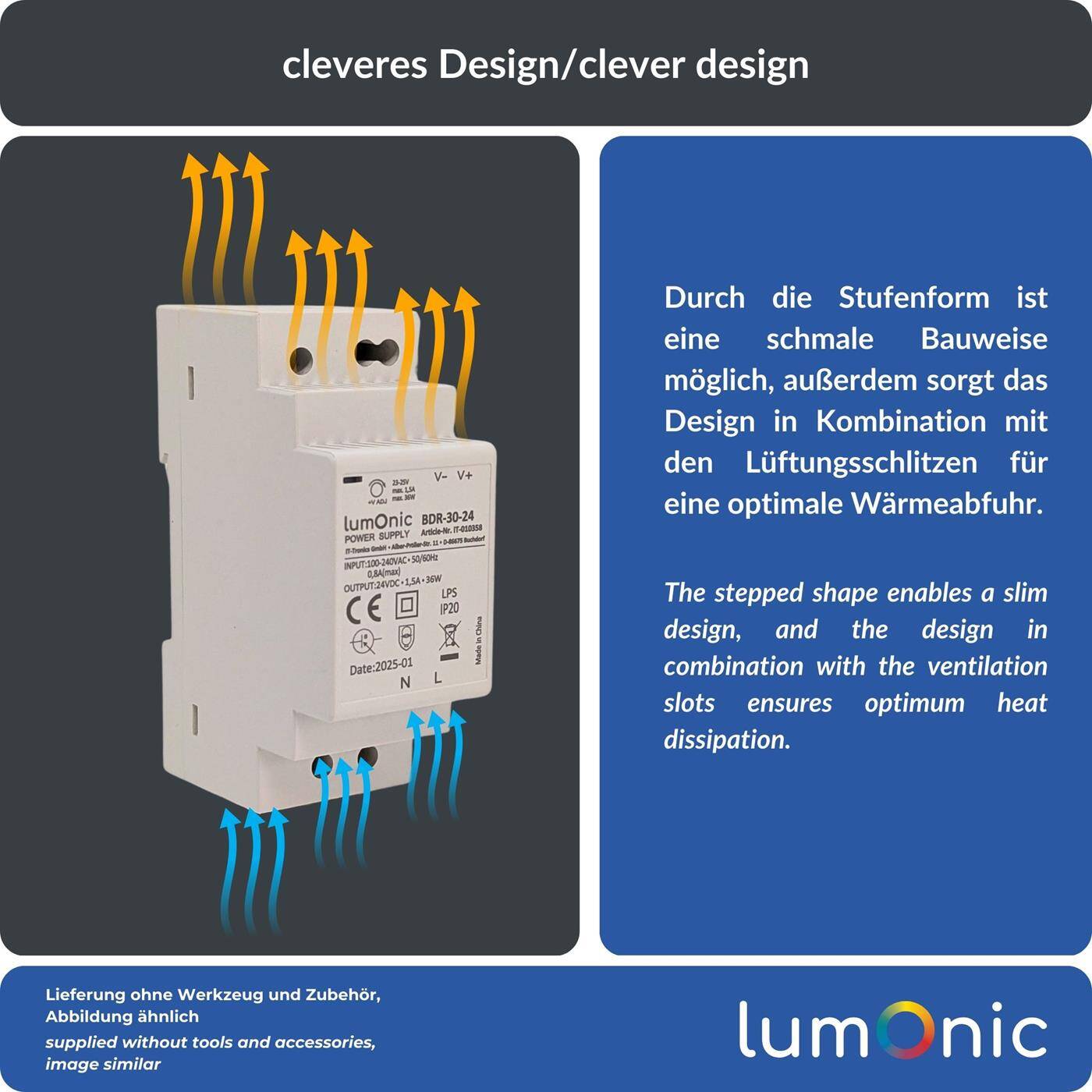 Lumonic I Netzteil Hutschiene BDR-30-24 I 24V / 36W I Input 100-240VAC I Überlastschutz & kurzschlussfest I DIN-Rail Schaltnetzteil I Schaltschrank & Verteilerkasten