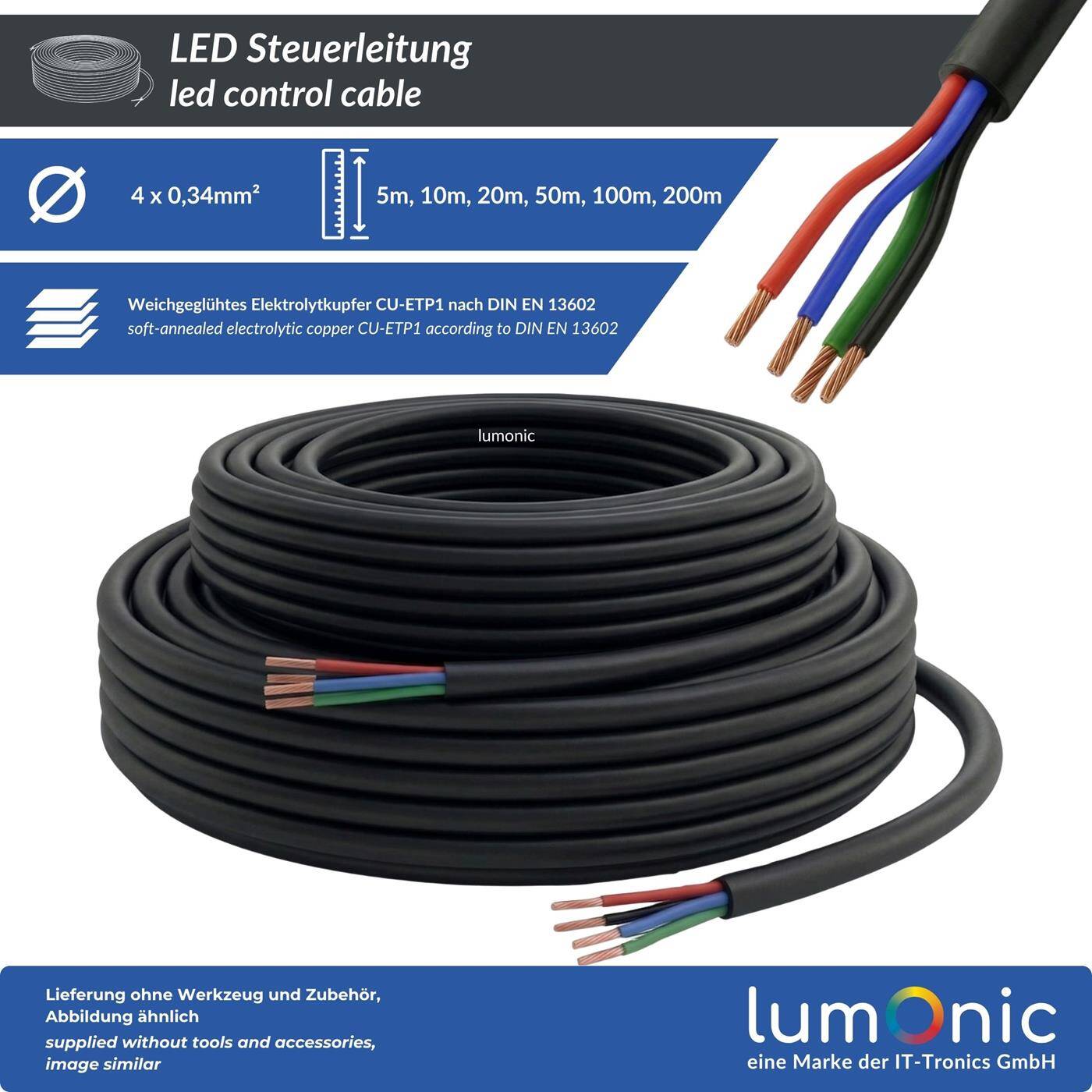 Lumonic 4x0,34mm² RGBW CCT LED Control line  1m | sheathed 6-core flexible cable | LiYY Extension, Power cable, LED supply line, Control cable