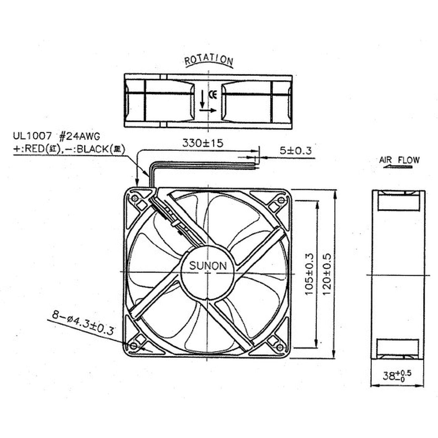 Lüfter 24V DC 9,6W 120x120x38mm 234,4m³/h 3100U/Min 234,4m³/h Sunon EEC0382B1-A99