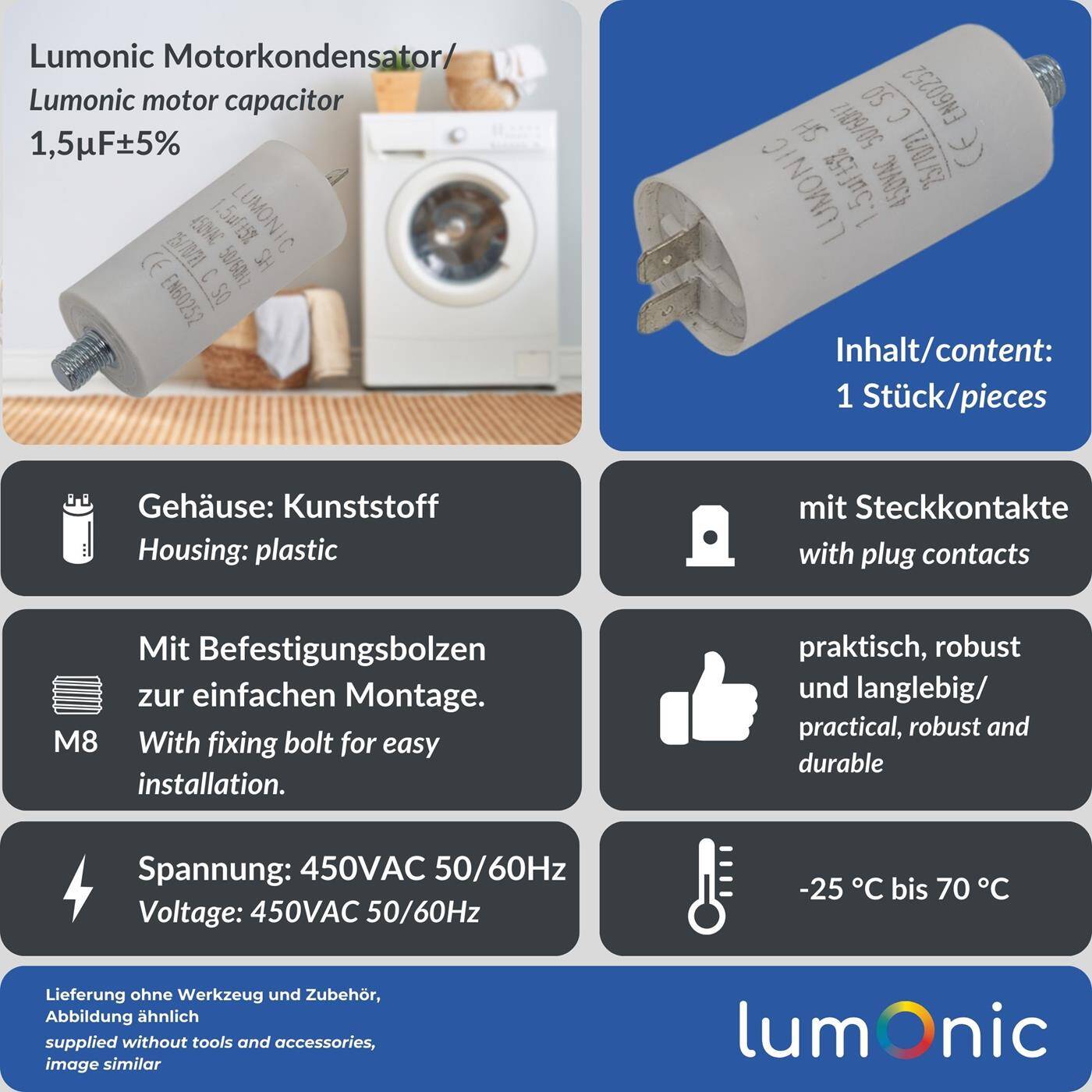 Lumonic Anlaufkondensator 1,5µF 450V | mit Stecker I 26x55mm I 1,5uF I Motorkondensator mit Kunststoffgehäuse I Betriebskondensator I für Pumpen, Rasenmäher, Werkzeuge
