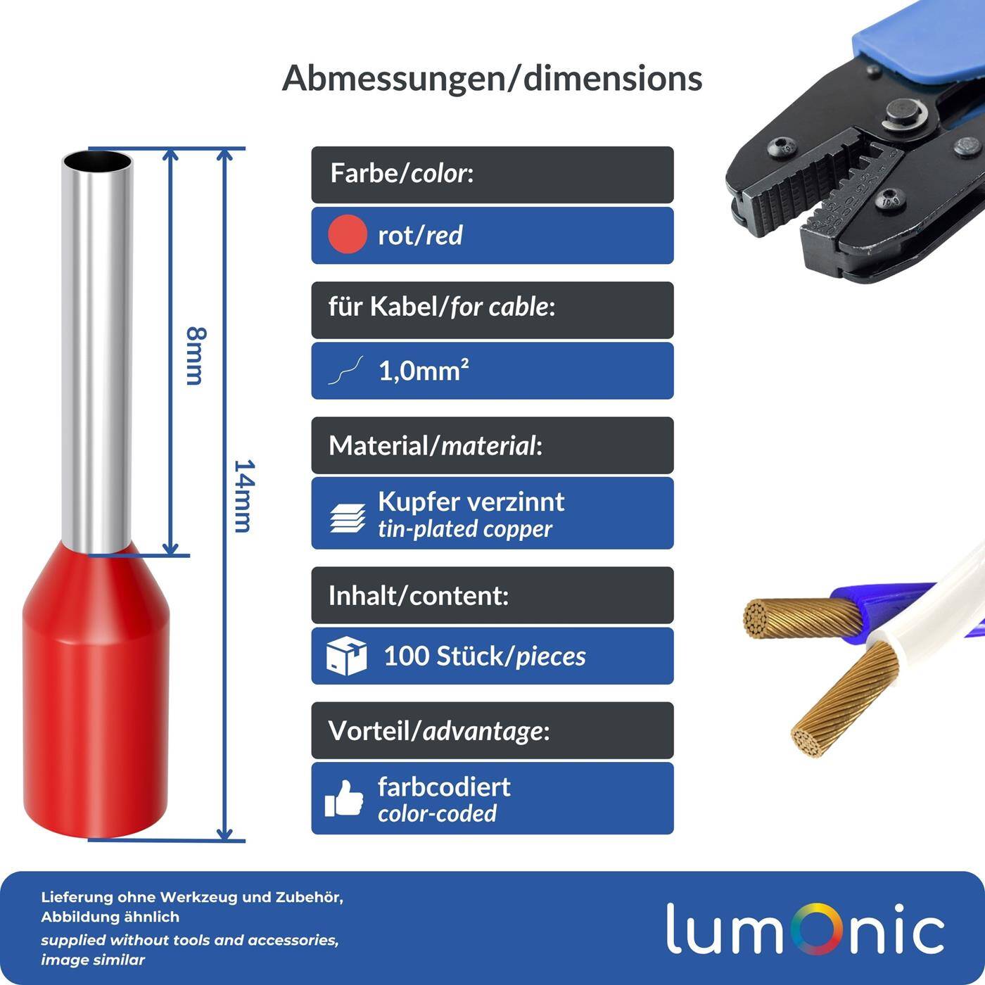 Lumonic 100 x 1mm² Aderendhülsen isoliert rot I Die Länge beträgt 8mm, der Durchmesser des Kunstoffkragen 3mm I Verzinnt zum Schutz gegen Korrosion