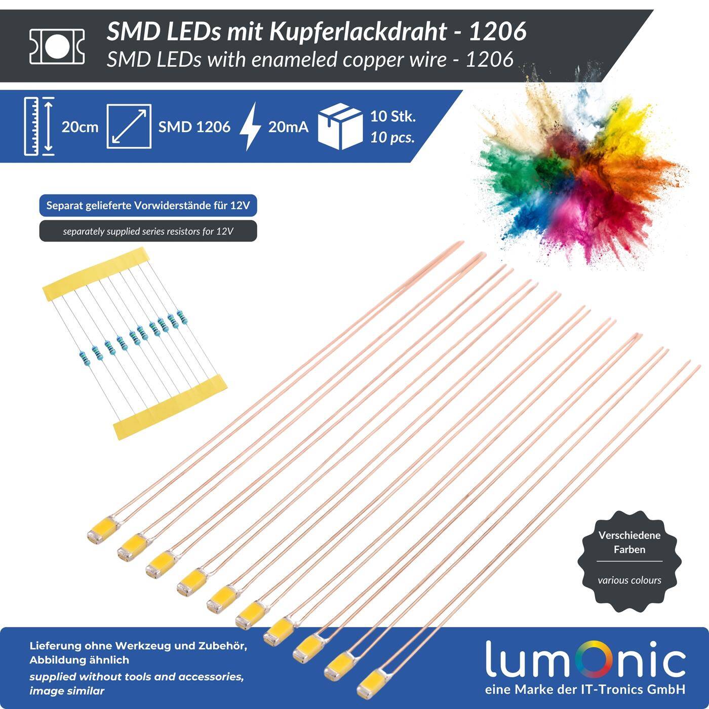 Lumonic 10x Superhelle LEDs vom Typ SMD 1206 - High Power LEDs mit Anschlussdraht zum selber Löten DIY in Farbe Grün - Durchmesser: 3,2x1,6mm