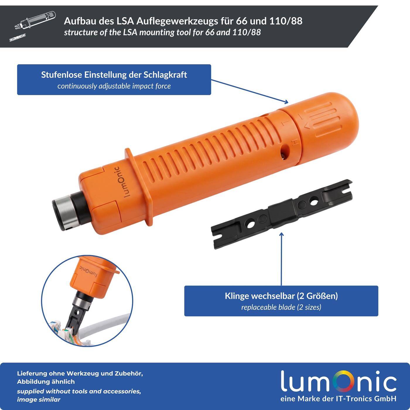 Lumonic LSA Auflegewerkzeug für 66 und 110/88 - Impact-Bauform, umkehrbare Klinge für 66 und 110/88, ohne Schneidfunktion, Schlagkraft einstellbar, für TK- und Datenanlagen
