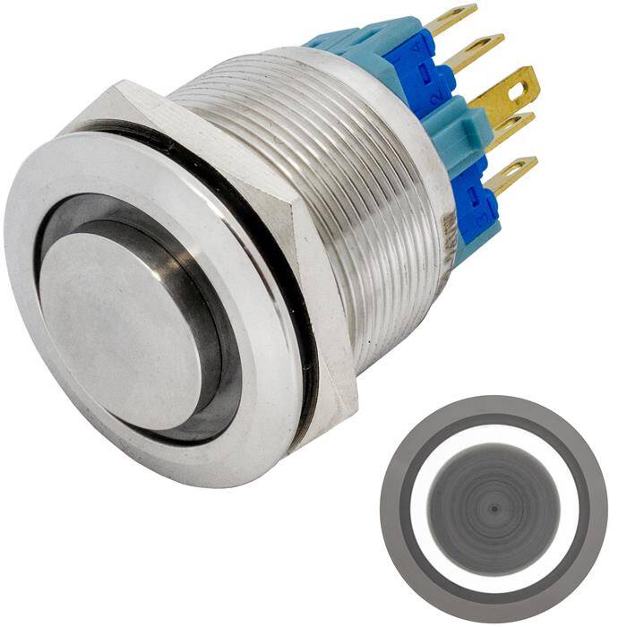 Stainless steel Pressure switch raised Ø25mm Ring LED Cold White IP65 2,8x0,5mm Pins 250V 3A Vandal-proof