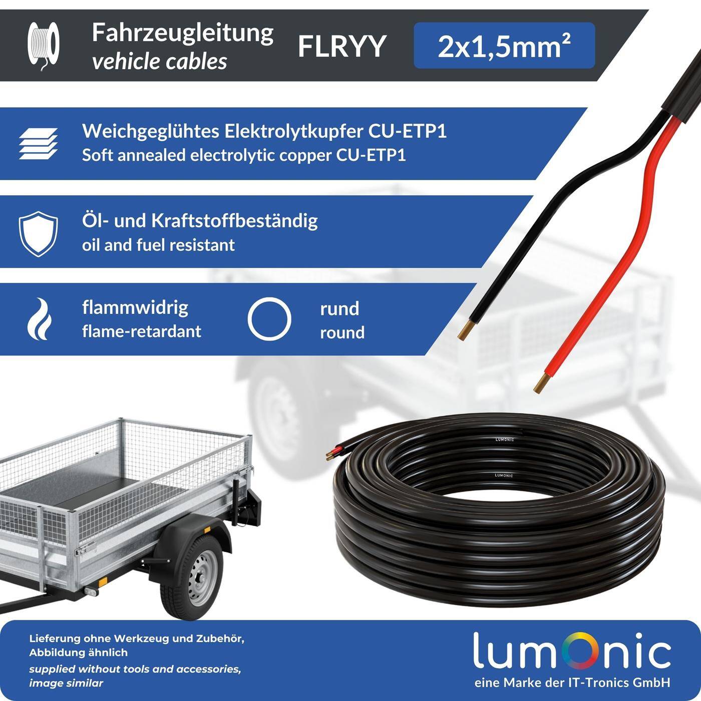 Lumonic 1m FLRYY Fahrzeugleitung 2x1,5mm² schwarz | 2-adrig | Anhängerkabel | mehradriges KFZ-Kabel | Öl- und Kraftstoffbeständig, flammwidrig | Niedervolt