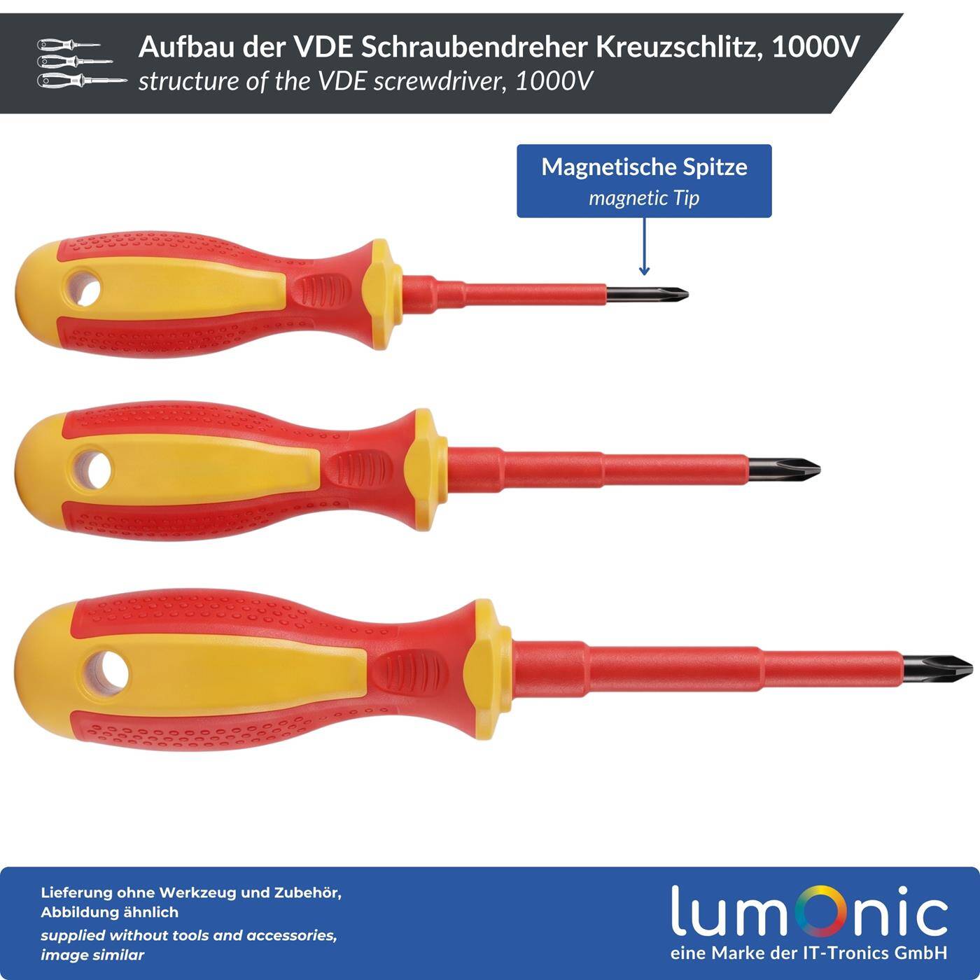 Lumonic VDE Phillips Screwdriver PH1 x 80 mm, 1000 V – S2 steel, burnished, magnetic tip, two-component handle, for electrical installations and control cabinets