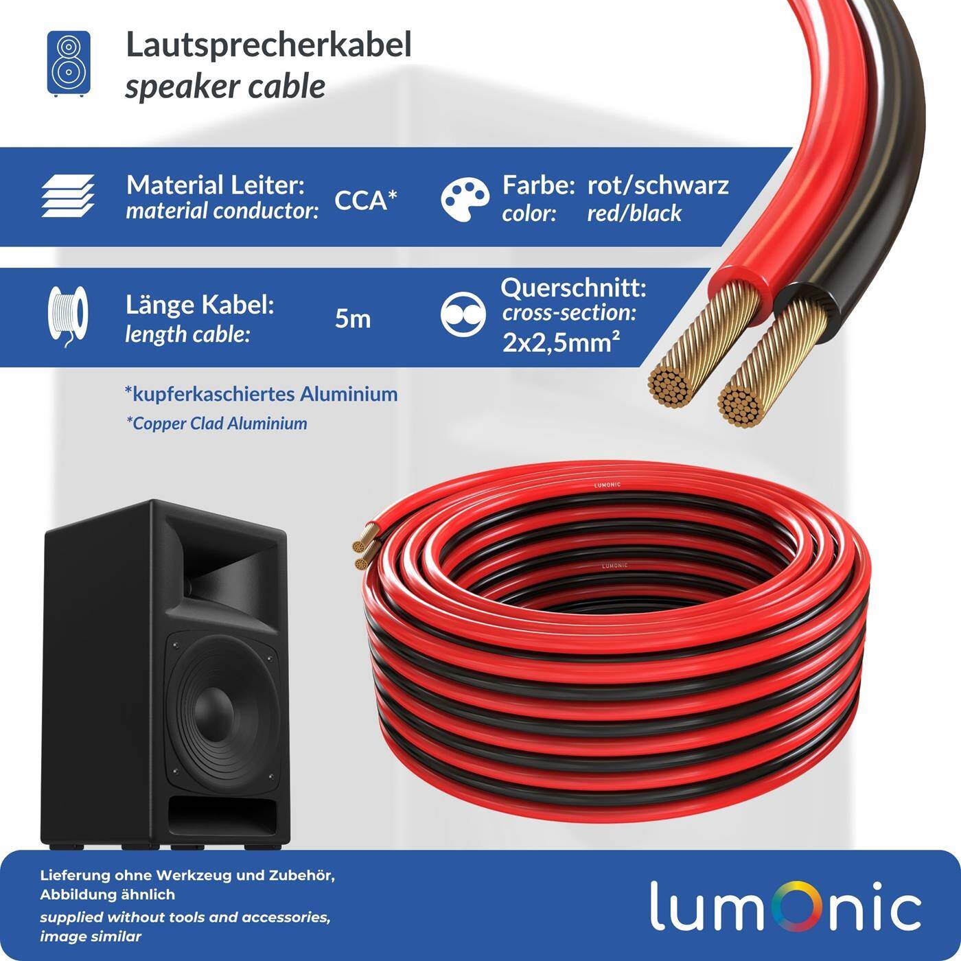Lumonic Lautsprecherkabel | 5m Rot Schwarz | 2x 2,5mm² CCA | HiFi Boxenkabel | Audio Zwillingsleitung