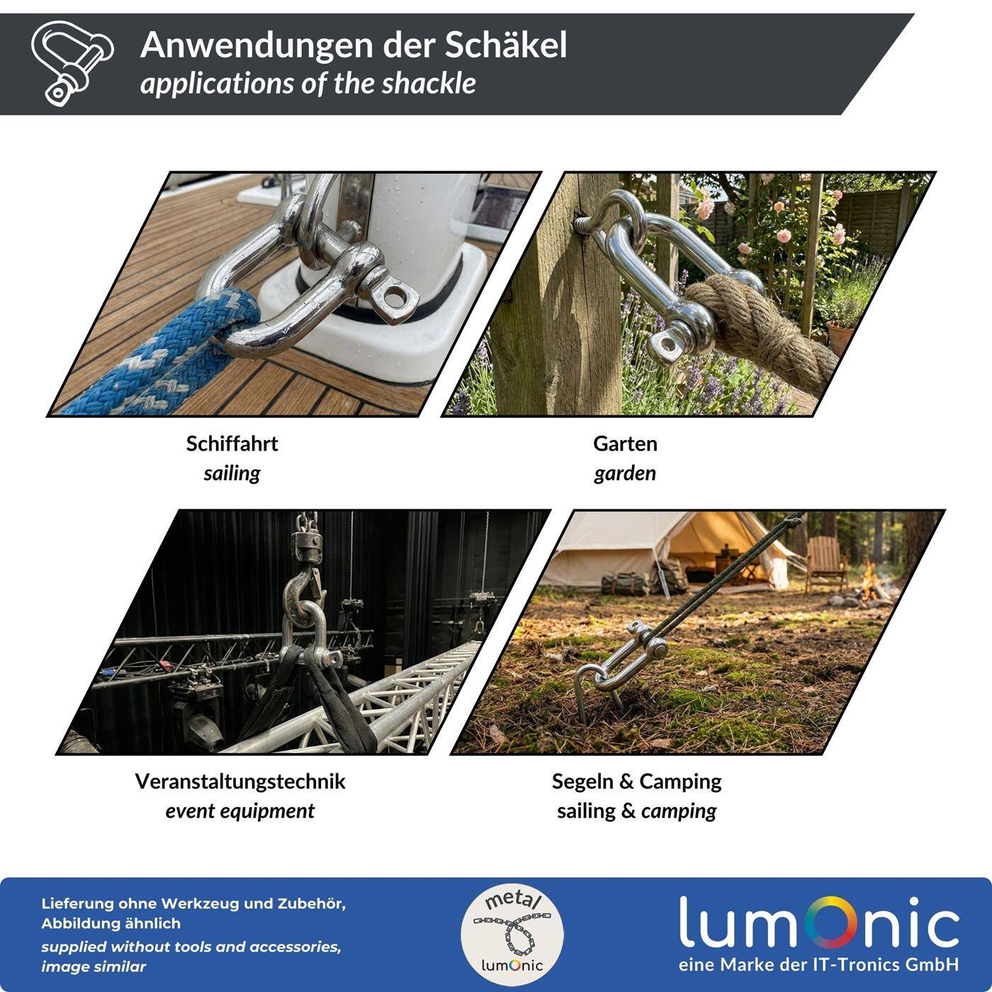 Lumonic Shackle V4A stainless steel | 10mm | Stainless + seawater resistant | Smooth-running thread | D-shackle for hammock, awning, rigging, chains
