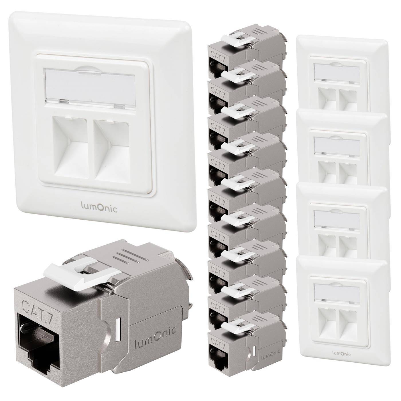 Set of 5 Keystone flush-mounted frame including 2x CAT7 module, 2-port snap-in I tool-free assembly, Standard 55 system, Ethernet socket up to 10 Gbit for AWG22-24, RJ45 fully shielded,