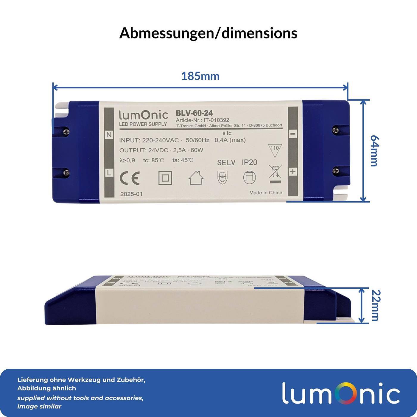 Lumonic I LED transformer BLV-60-24 I 24V 60W I Input 220-230VAC I flicker-free I Overload protection I LED power supply unit I for LED lighting