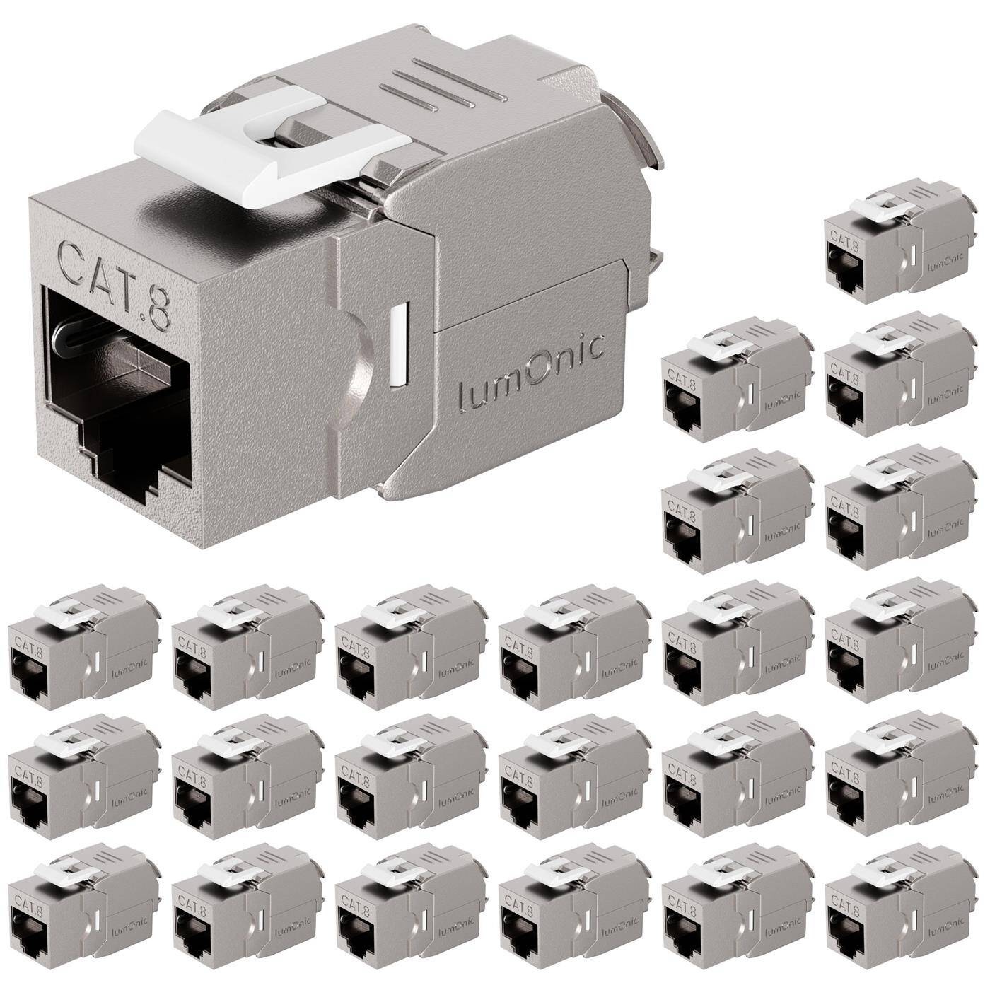 Lumonic 24er Set Keystone RJ45 CAT8.1 | werkzeuglose Montage | T568A/B farbcodiert | für Wanddose + Patchpanel | PoE, bis 40Gbit/s | 360° Schirmung | Zugentlastung mit Kabelbinder | Metallgehäuse