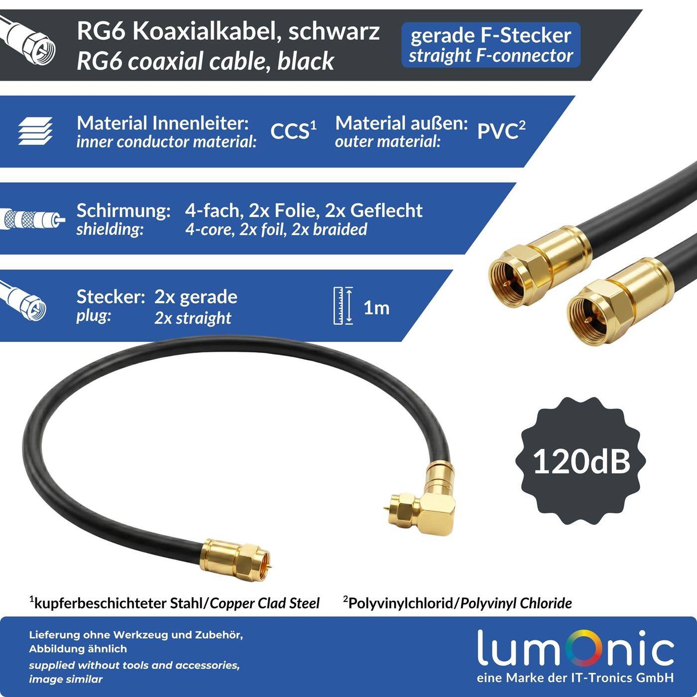 Lumonic 1m Antennenkabel RG6 | vergoldete F-Stecker gerade | schwarz | 4-fach geschirmt 120dB | fertig konfektioniert | Koaxialkabel, Sat Kabel, DVB-T2, Kabelinternet
