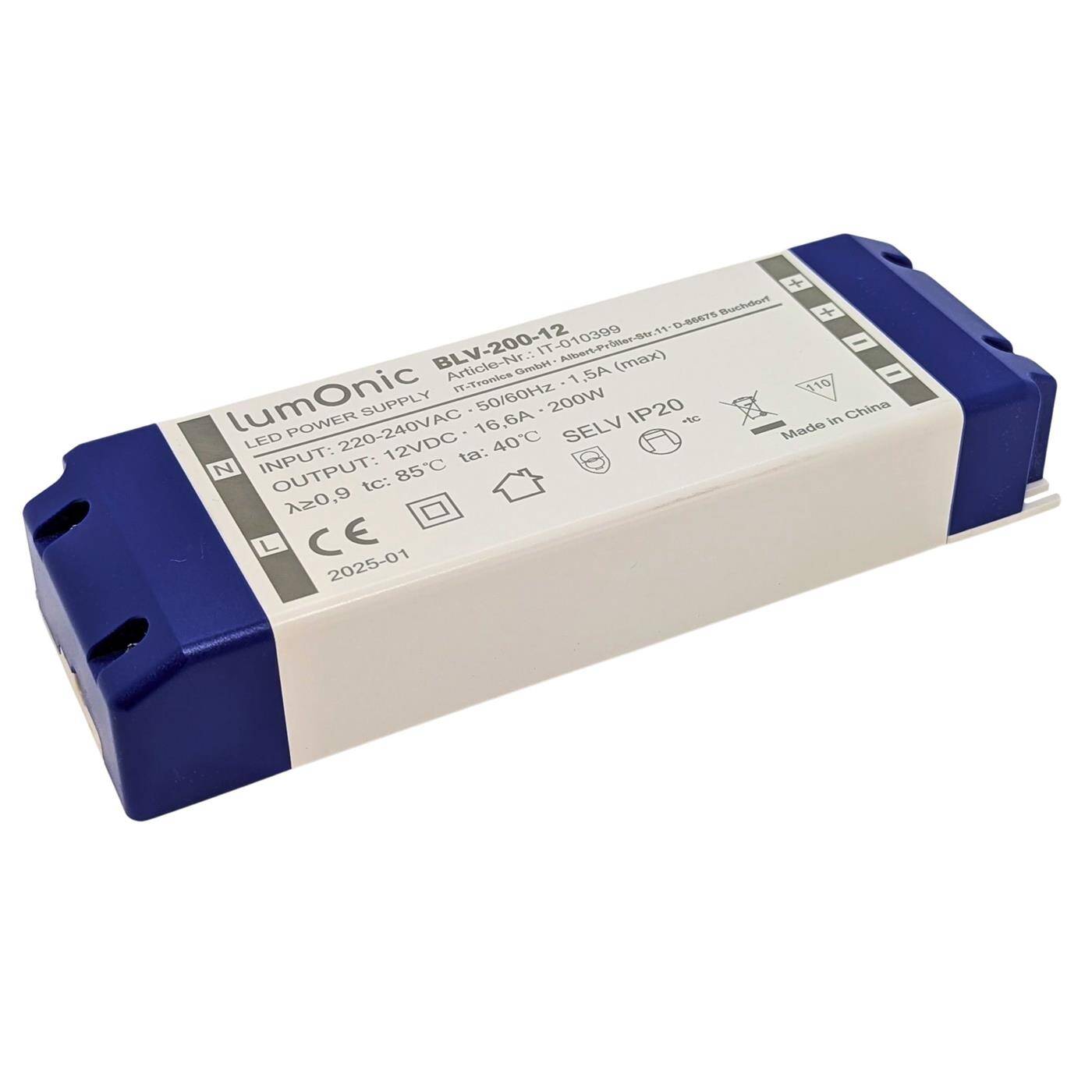 Lumonic I LED transformer BLV-200-12 I 12V 200W I Input 220-230VAC I flicker-free I Overload protection I LED power supply unit I for LED lighting