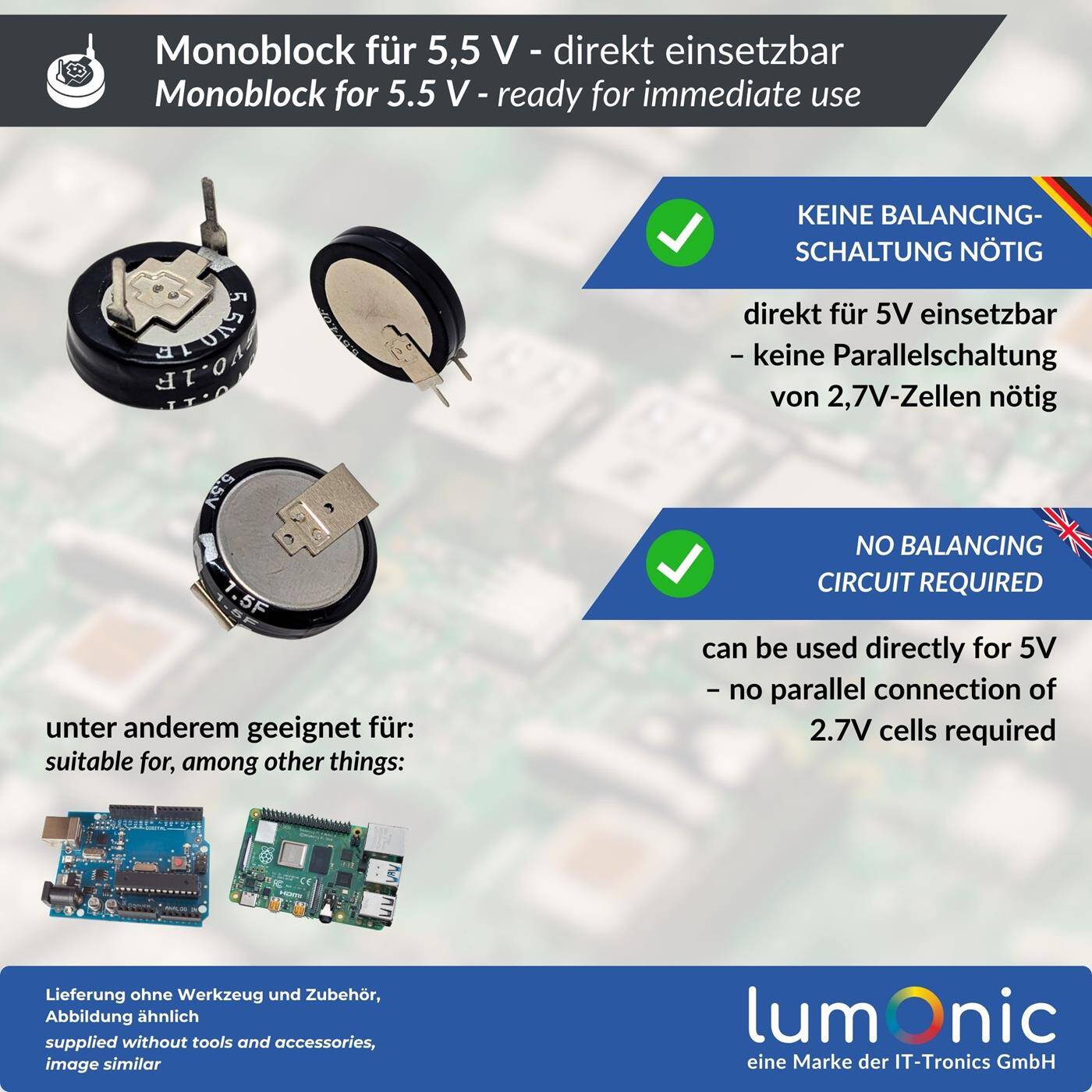 Supercap 1,5F 5,5V C-Type, EDLC for direct use, high capacity, 5.5V monoblock - no balancing necessary, flicker protection, backup, Arduino, PLC, heating