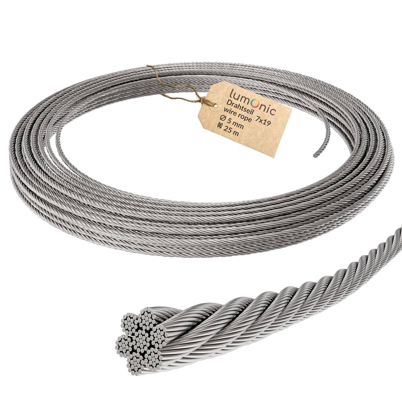 Lumonic Drahtseil 7x19 |  25m Ø5mm| V4A Edelstahl rostfrei | Stahlseil mit verzinnten Enden | für Rankhilfe, Wäscheleine, Lampen, Sichtschutz, Sonnensegel