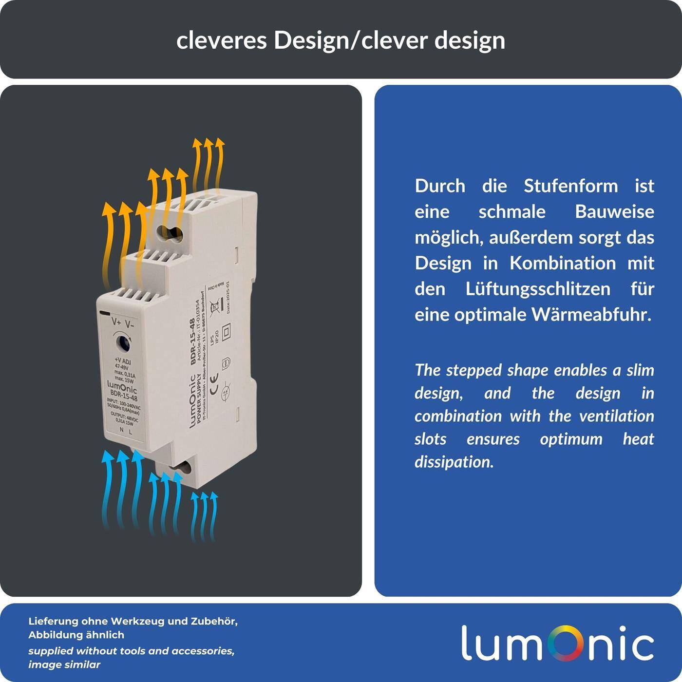 Lumonic I Top-hat rail power supply unit BDR-15-48 I 48V / 15W I Input 100-240VAC I Overload protection I DIN-Rail switching power supply I Switch cabinet
