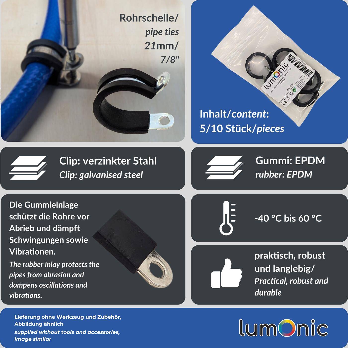 Lumonic 5x 21mm Rohrschellen mit Gummieinlage I Kabelschellen zum Schrauben I Schlauchschelle 21mm, Rohrschellen, Befestigungsschelle 21mm, Rohrhalterung