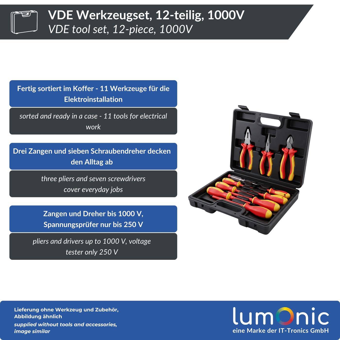 Lumonic VDE 12-Piece 1000V Tool Set in a Case—3 pliers, 7 screwdrivers, 250V voltage tester, plastic case, for electricians and home wiring projects