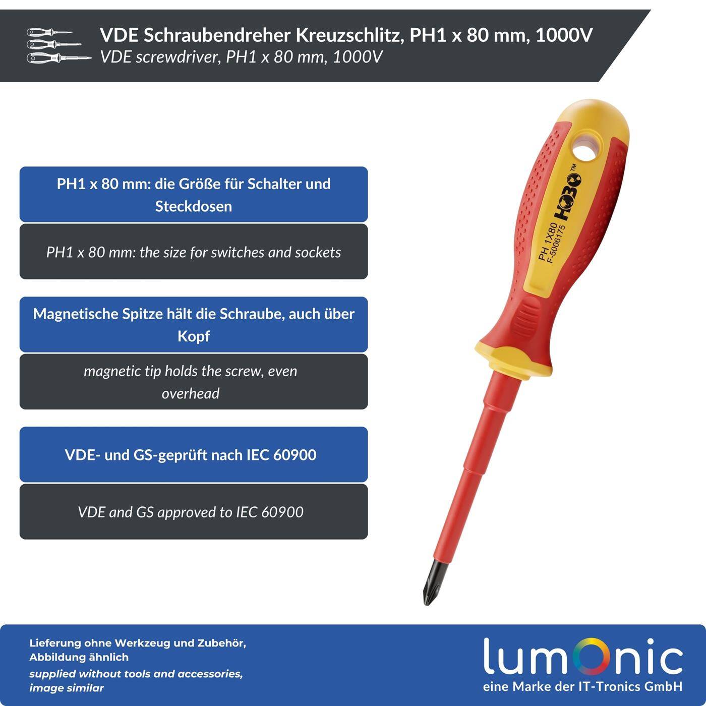 Lumonic VDE Phillips Screwdriver PH1 x 80 mm, 1000 V – S2 steel, burnished, magnetic tip, two-component handle, for electrical installations and control cabinets