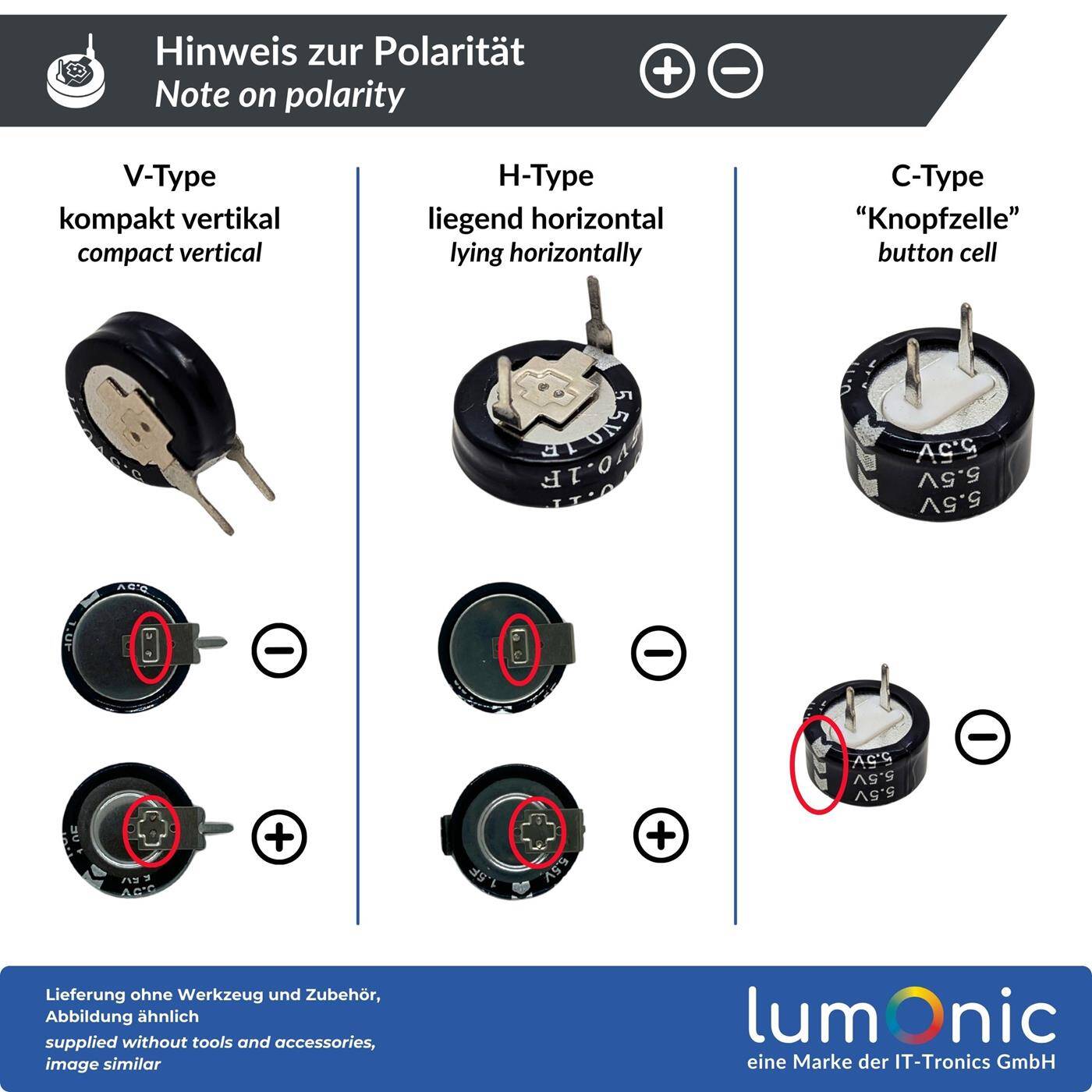 Supercap 0,22F 5,5V V-Type, EDLC for direct use, high capacity, 5.5V monoblock - no balancing necessary, flicker protection, backup, Arduino, PLC, heating