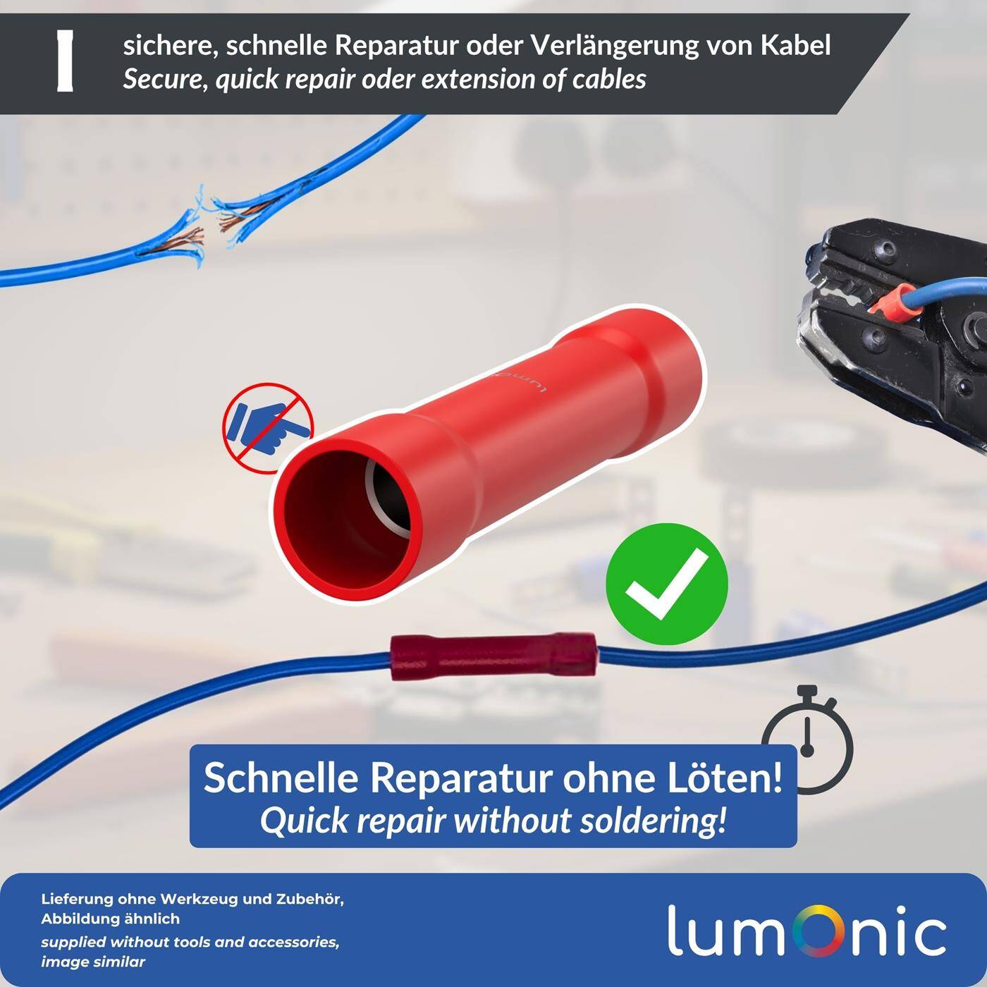 Lumonic 25x Stoßverbinder vollisoliert | 0,5-1,5mm² Rot | schnelle Kabel-Reparatur ohne Löten | vibrationsfeste Crimpverbinder | Quetschverbinder aus Kupfer verzinnt