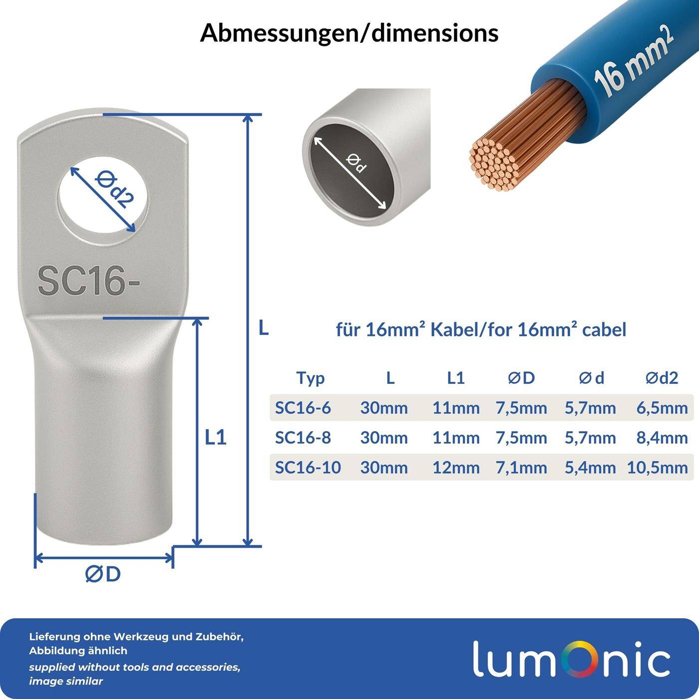 10x Rohrkabelschuh blank 16mm² Lochdurchmesser M10 SC16-10 Ringzunge Kupfer verzinnt