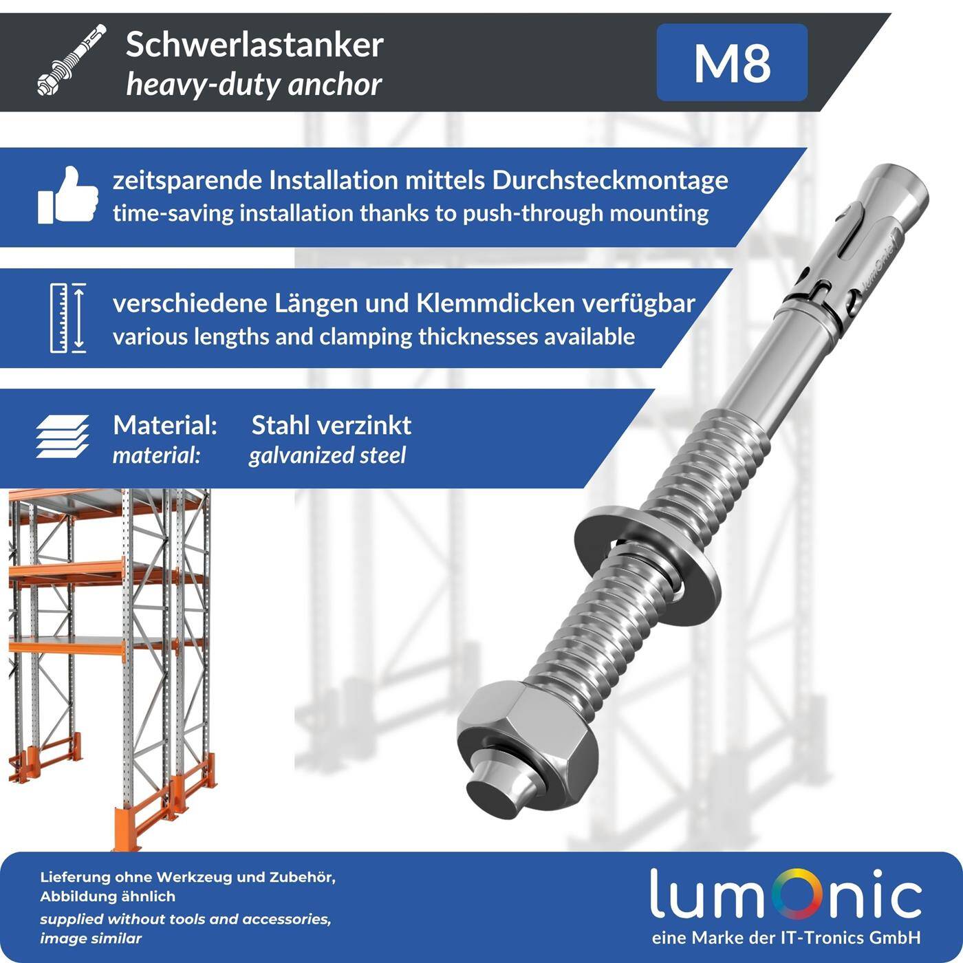 Lumonic Heavy Duty Anchor M8 x 85mm | High-quality galvanized wedge anchors | Push-through mounting, IMMEDIATELY LOADABLE | Concrete anchor, Heavy duty anchor | for canopies, Railing, Shelves, Partition walls