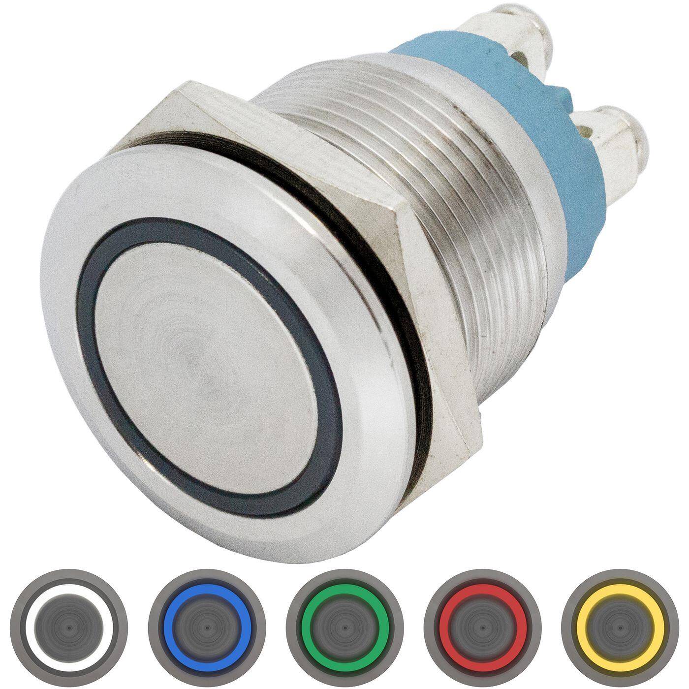 Stainless steel Push button Flat Ø19mm Ring LED Cold White IP65 Screw Connection 250V 3A Vandal-proof