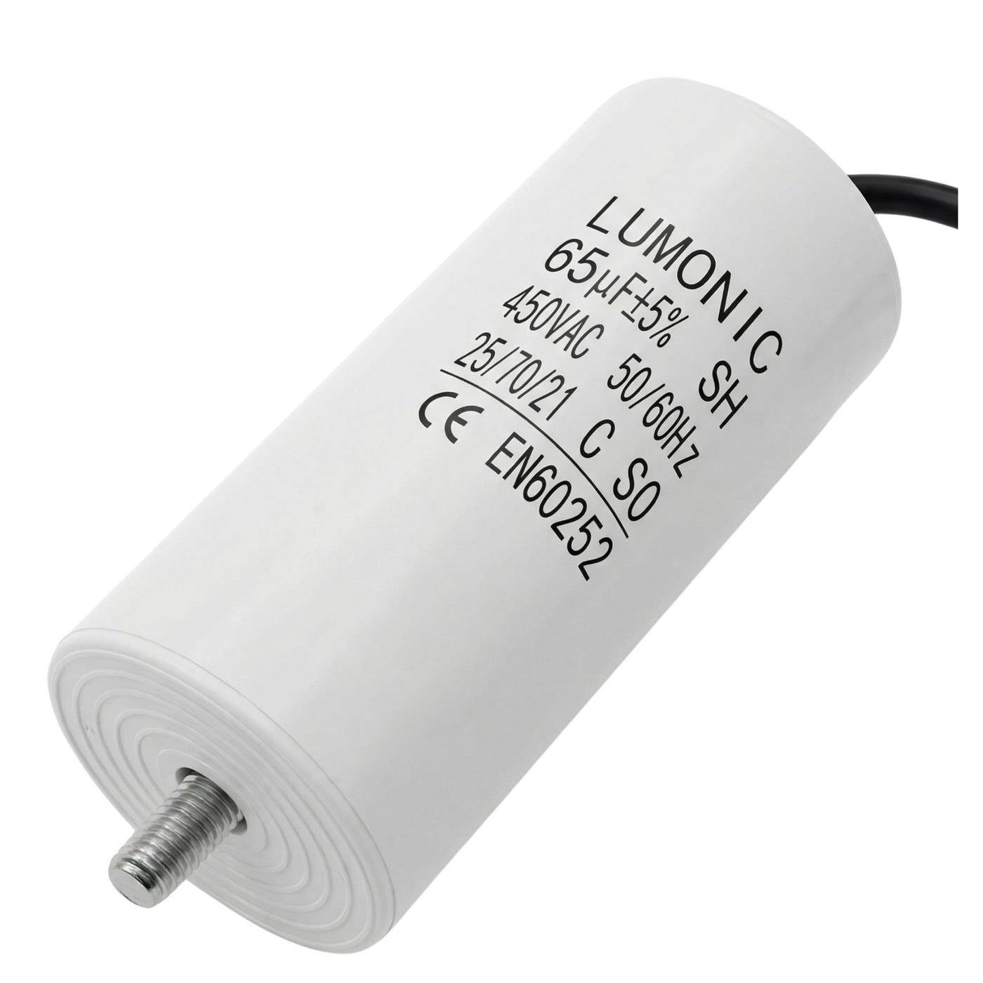 Lumonic Anlaufkondensator 65µF 450V | mit Kabel I 50x110mm I 65uF I Motorkondensator mit Kunststoffgehäuse I Betriebskondensator I für Pumpen, Rasenmäher, Werkzeuge